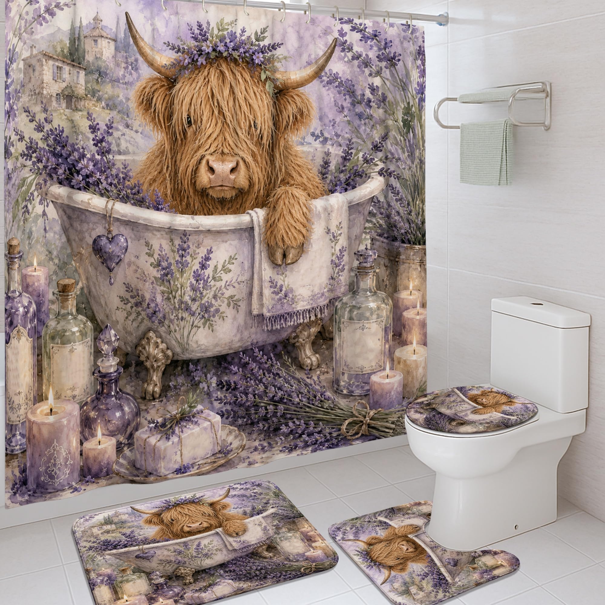 Rideau de douche lavable 183 cm et tapis résistant avec anneaux de fixation inclus