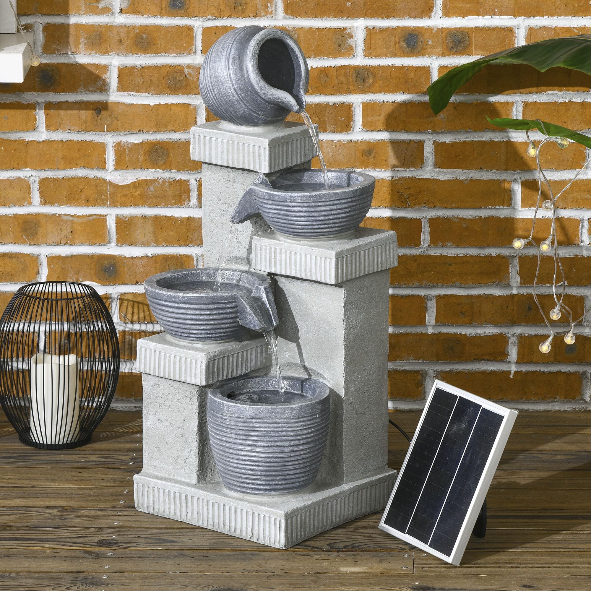Outsunny - Fuente de jardín con energía solar para cascada de resina de 4 niveles con luces LED y bomba dim. 30 x 26 x 67 cm, color gris