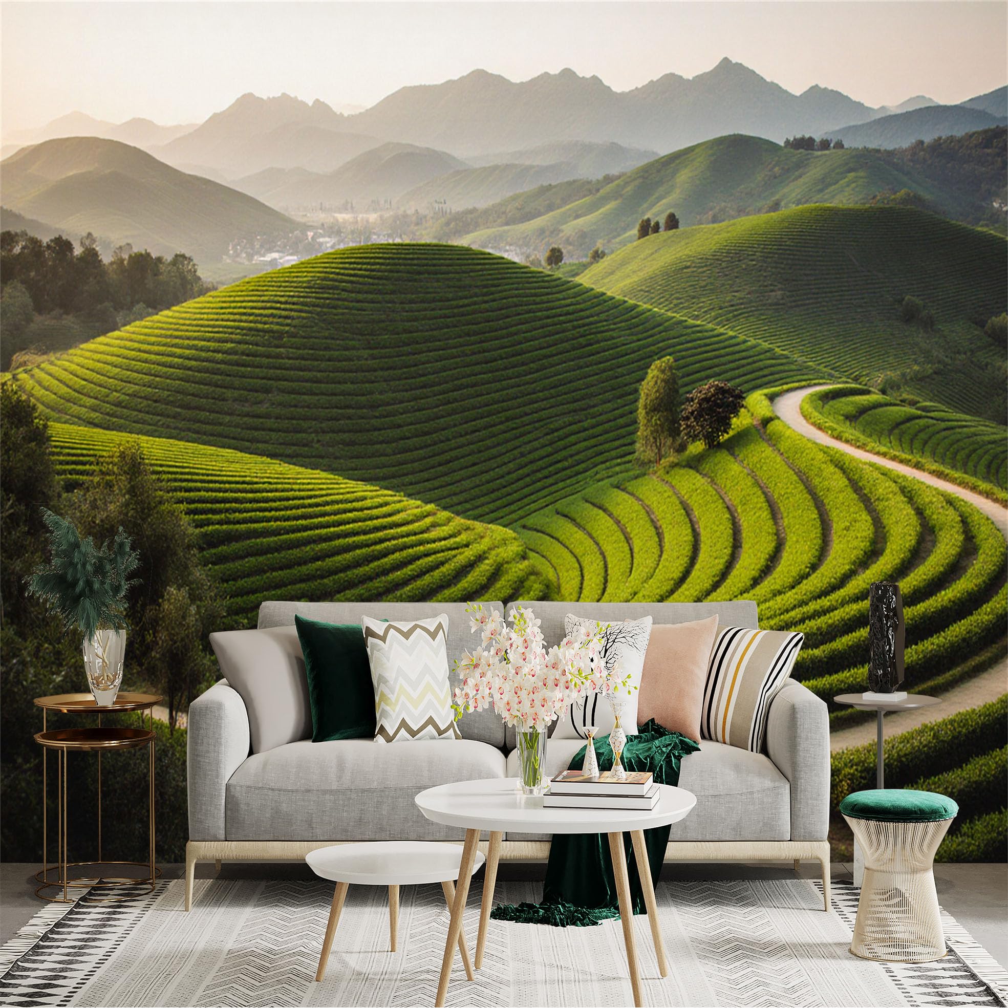 Lnzczhyre Xc260505602 Custom Size Wall Sticker Mural， Green Tea Plantation Hills， Winding Rural Road， Morning Sunlight Landscape， Natural Farm Scenery， For Wall Decoration， Peelandstick Wall Decals.