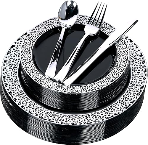 Platos y cubiertos de plástico negro y plateado  Juego de vajilla de plástico desechable de alta calidad  Platos de cena reutilizables, tenedores,