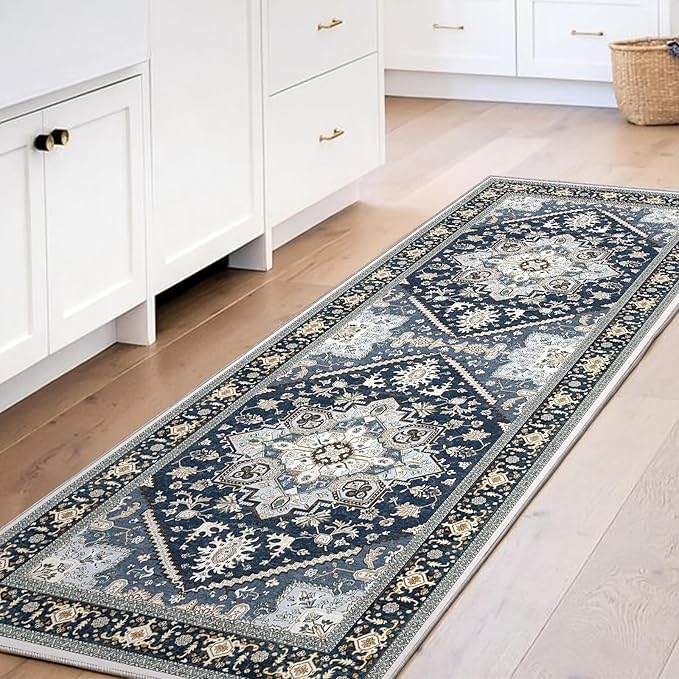 OPPODREAM Soft Entryway Rug 2x6, 2x6 Rug Runner, Washable Hallways Carpet 2 x 6 with Non Slip Backing, Low-Pile Bedside Carpet 2 x 6, Long, Faux Cashmere, Navy Blue & Gold