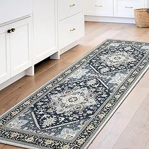OPPODREAM Soft Entryway Rug 2x6, 2x6 Rug Runner, Washable Hallways Carpet 2 x 6 with Non Slip Backing, Low-Pile Bedside Carpet 2 x 6, Long, Faux Cashmere, Navy Blue & Gold