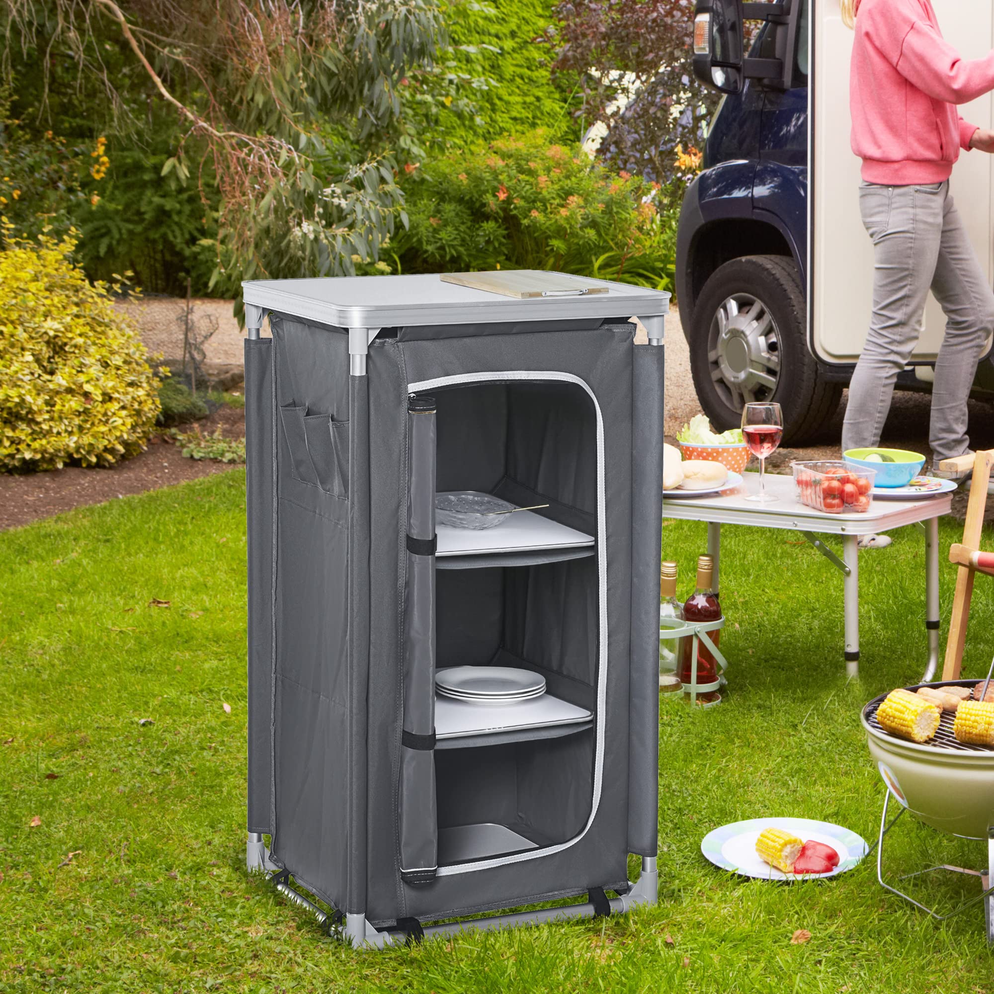 Outsunny Cuisine de Camping, Meuble de Camping avec étagères, Sac de Transport Inclus, Structure en Aluminium, pour Accessoires Cuisine, Aliments, 60 x 50 x 104,5 cm, Gris