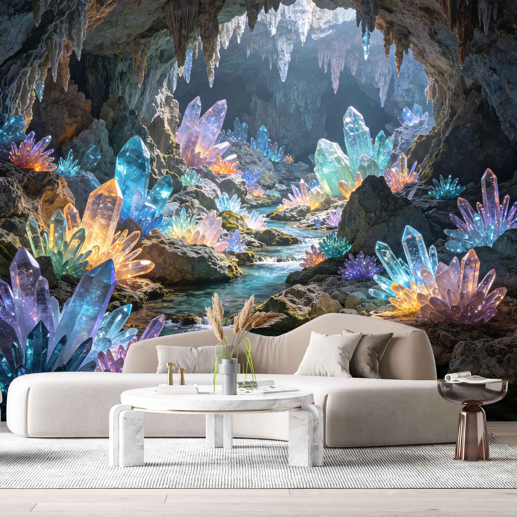 Custom Size Wall Murals Glowing Crystal Cave Underground River 3D Trompe L'Oeil Mineral Stone SelfAdhesive Wall Fabric Removable Large Wallpaper for Photo Living Room