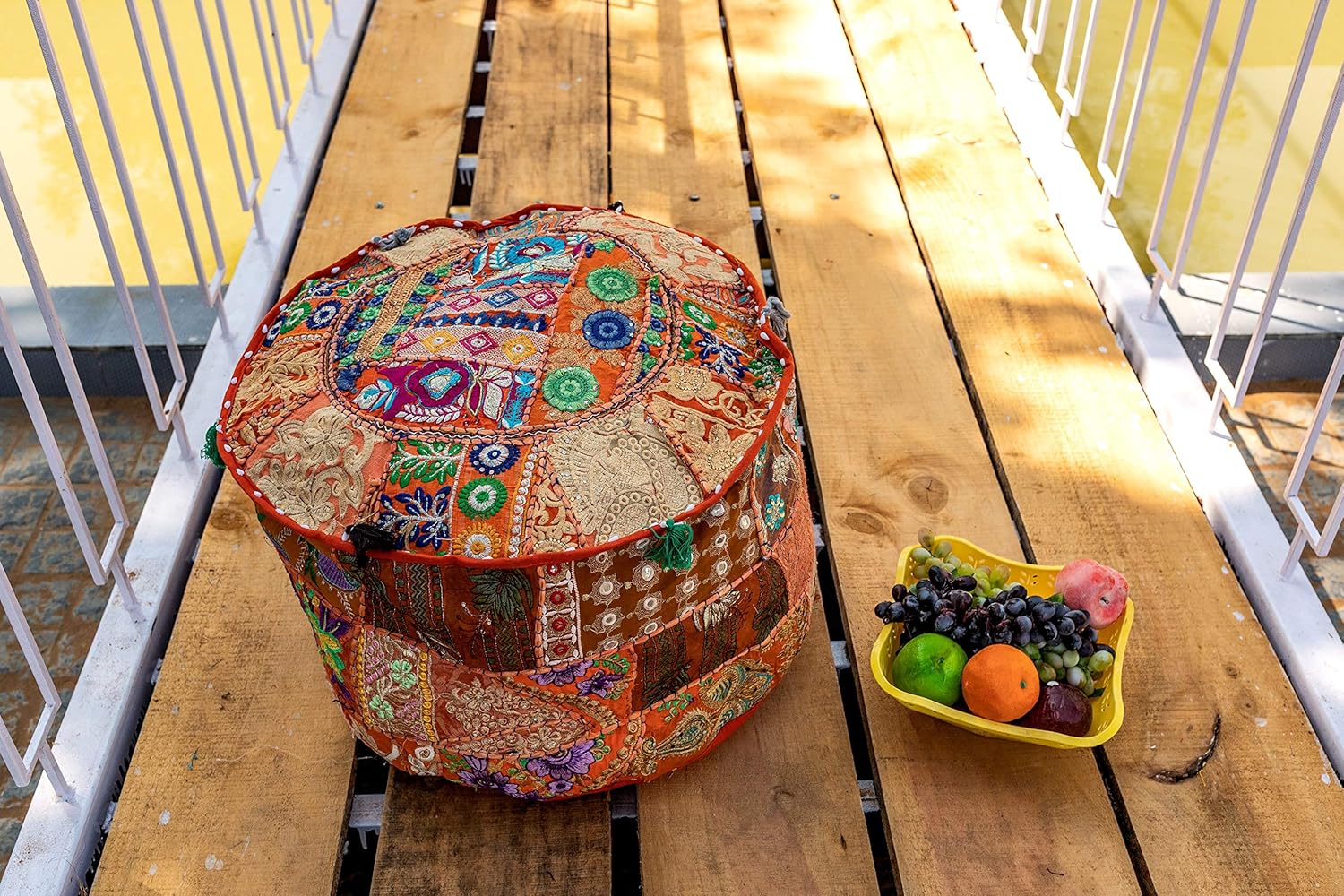 THE ART BOX Round Boho Cotton Patchwork Pouf Cover – Handmade Vintage Embroidered Ottoman Seat Cover, Colorful Decorative Floor Cushion for Home Accessories Décor (14x22 Inches, Cover Only)
