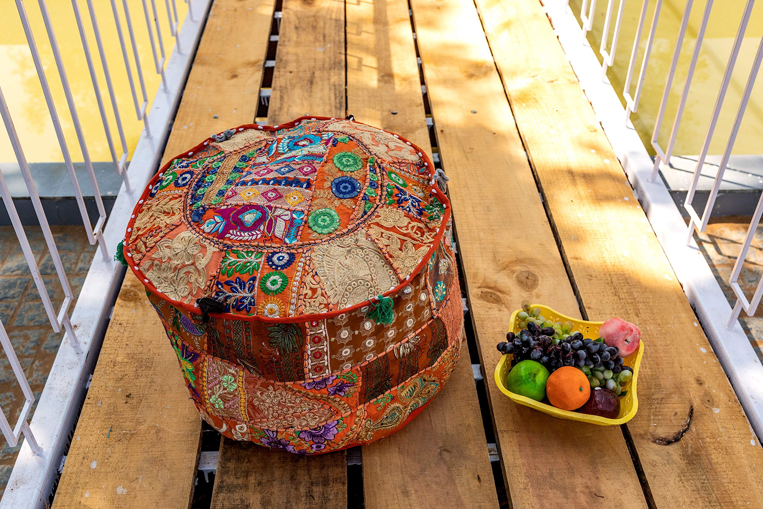 THE ART BOX Cotton Patchwork Vintage Embroidered Pouf Cover – Ottoman Stool Seat Cover, Decorative Floor Cushion for Home Décor (14x22 Inches, Cover