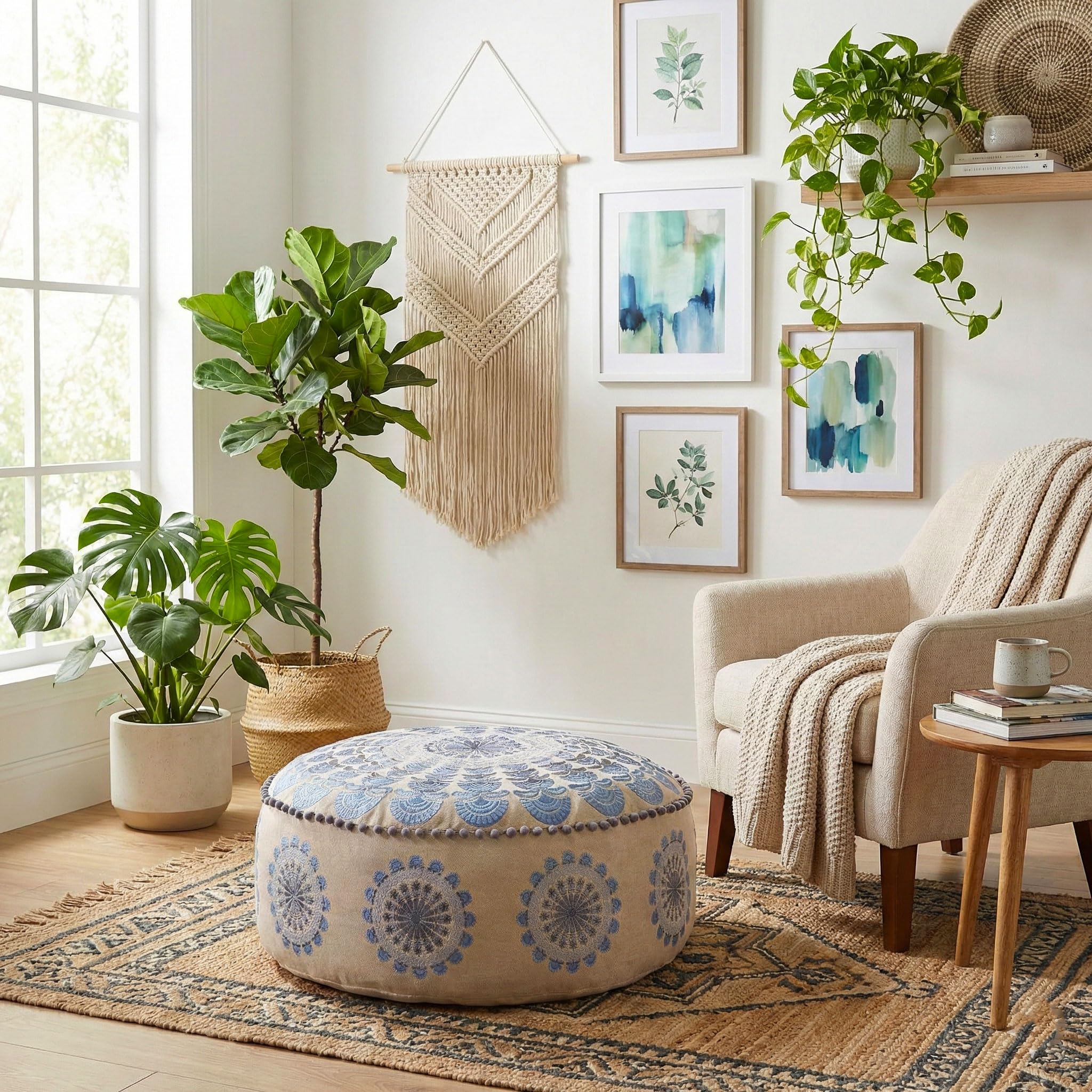 Mandala Life ART Blauer Pouf Rund Mit Ponpon Sitzpouf Groß Dekorist Cozy Groß Bodenkissen Boho Haustierbett Orientalische Sitzecke 100% Baumwolle Ungefüllt 60X20Cm