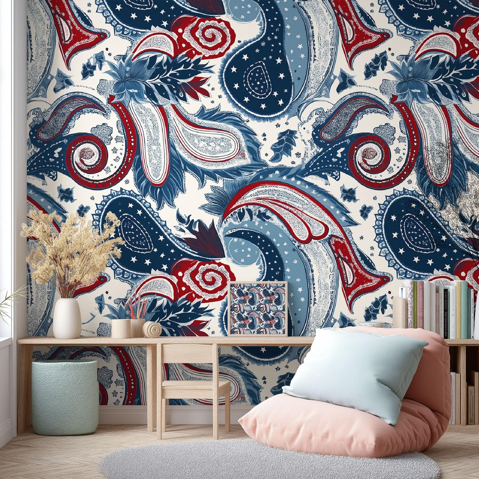 Tapeta na flizelinie w stylu vintage, boho, obraz ścienny, 260 g/m², jakość premium, 250 x 175 cm, tapeta ścienna, Paisley, etno, ornamenty, dekoracja ścienna do sypialni, salonu, jasnoniebieska