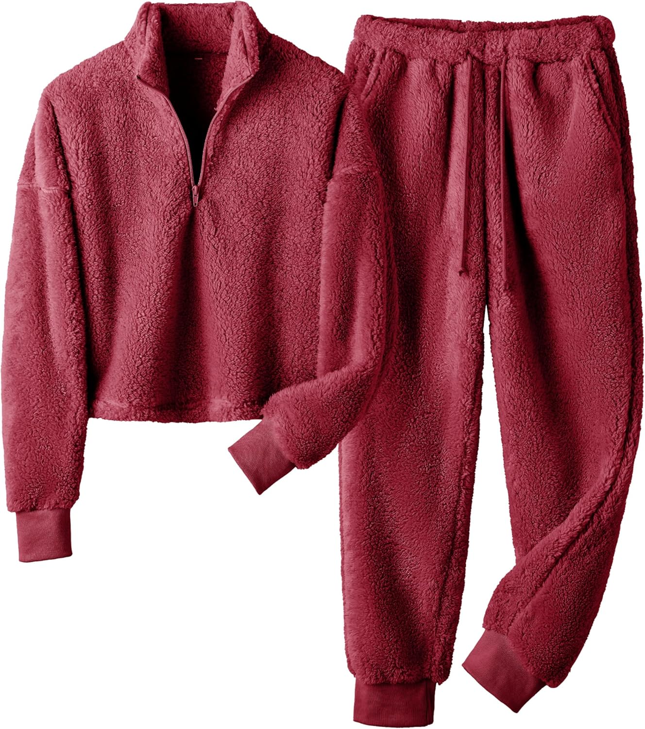 Fuzzy Pajamas Sets for Women Fleece Half Zip Pullover Tops and Jogger Pants Set 2Two Piece Sleepwear Loungewear