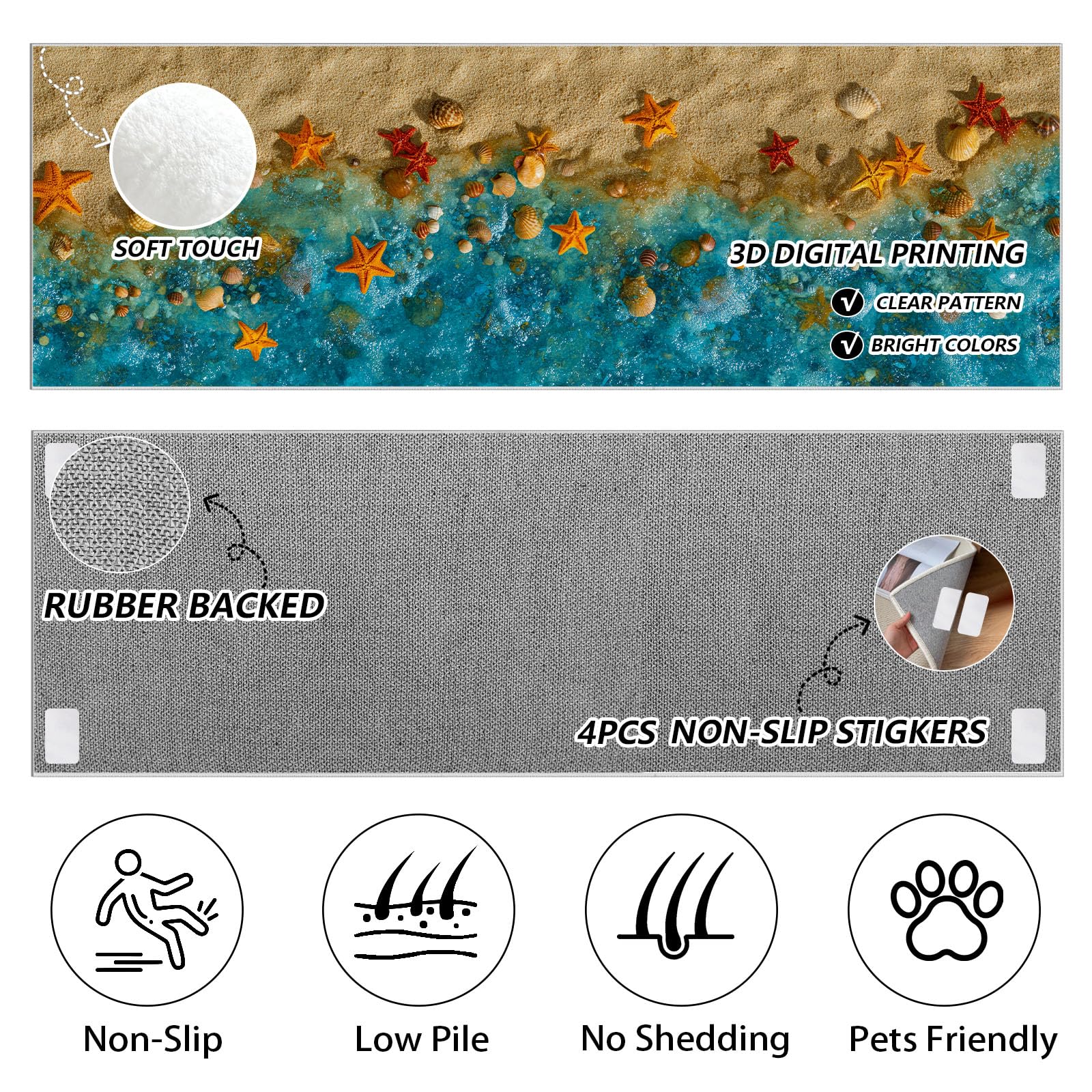 Mer Vague Plage Tapis Cuisine Devant Evier Lavable Coquillage étoile de mer Descente de Lit Antidérapant 60x180 cm Thème Océan Tapis de Passage pour Couloir, Passage, Chambre à Coucher, Salon