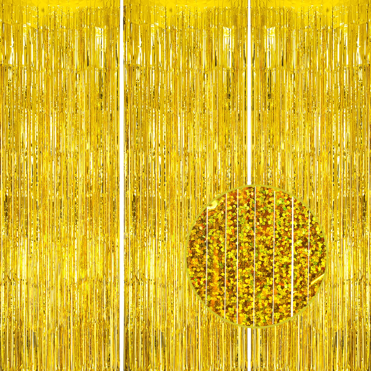 DECOCKRAT 3 Pack Foil Fringe Backdrop - Laser Gold Shiny Tinsel Curtains for Party Decoration/Photo Booth Props - 3.3x8.2 FT Metallic Foil Backdrop for Birthday, Wedding, Graduation, Christmas.