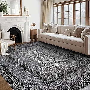 GAOMON Washable Rug 10x13 Large Area Rugs for Living Room Boho Braided Printed Rugs Minimalist Aesthetic Bedroom Rug Non Slip Accent Carpet Low Pile Non-Shedding Floor Cover Foldable Thin Mat Charcoal