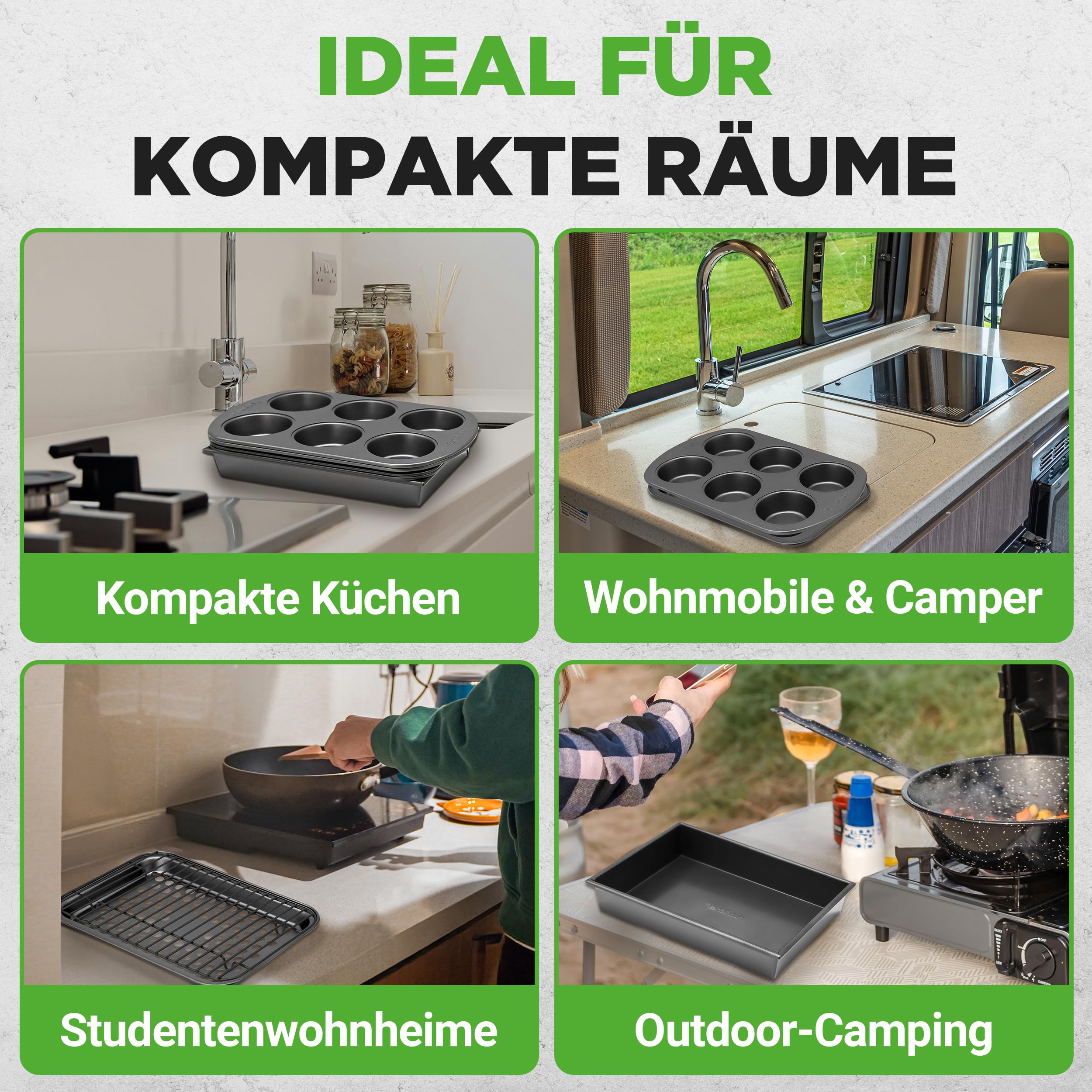 NutriChef Backform Set – 6-teiliges Antihaft Backblech und Muffinblech aus Karbonstahl, stapelbar und spülmaschinenfest, für Kuchen, Muffins und Brot, platzsparend für Toasterofen und kleine Küchen