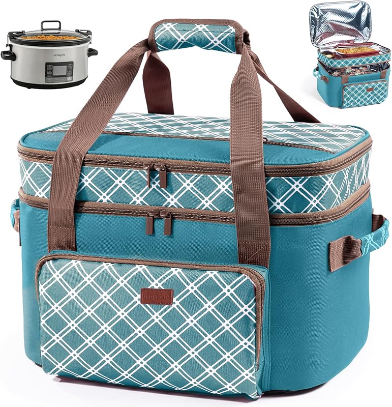 Double Layer Slow Cooker Carrier Bag – Fits 6–8 Qt Oval Slow Cooker Compatible with CrockPot & Hamilton Beach | Insulated Travel Tote with Utensil Storage & Adjustable Straps