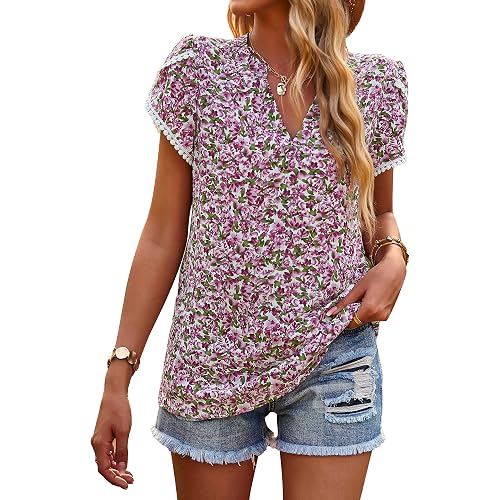 PRETTYGARDEN Women's Shirts Summer Casual Crewneck Lace Crochet Short Sleeve Blouses Cute Floral Print Loose Tunic Tops