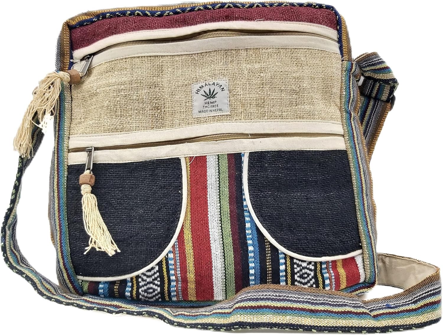 Hemp Crossbody Messenger Bag - Unisex Hippie Travel bag - Light Side Bags with pocket - 4 Compartments, Zipper Closure, Adjustable Strap