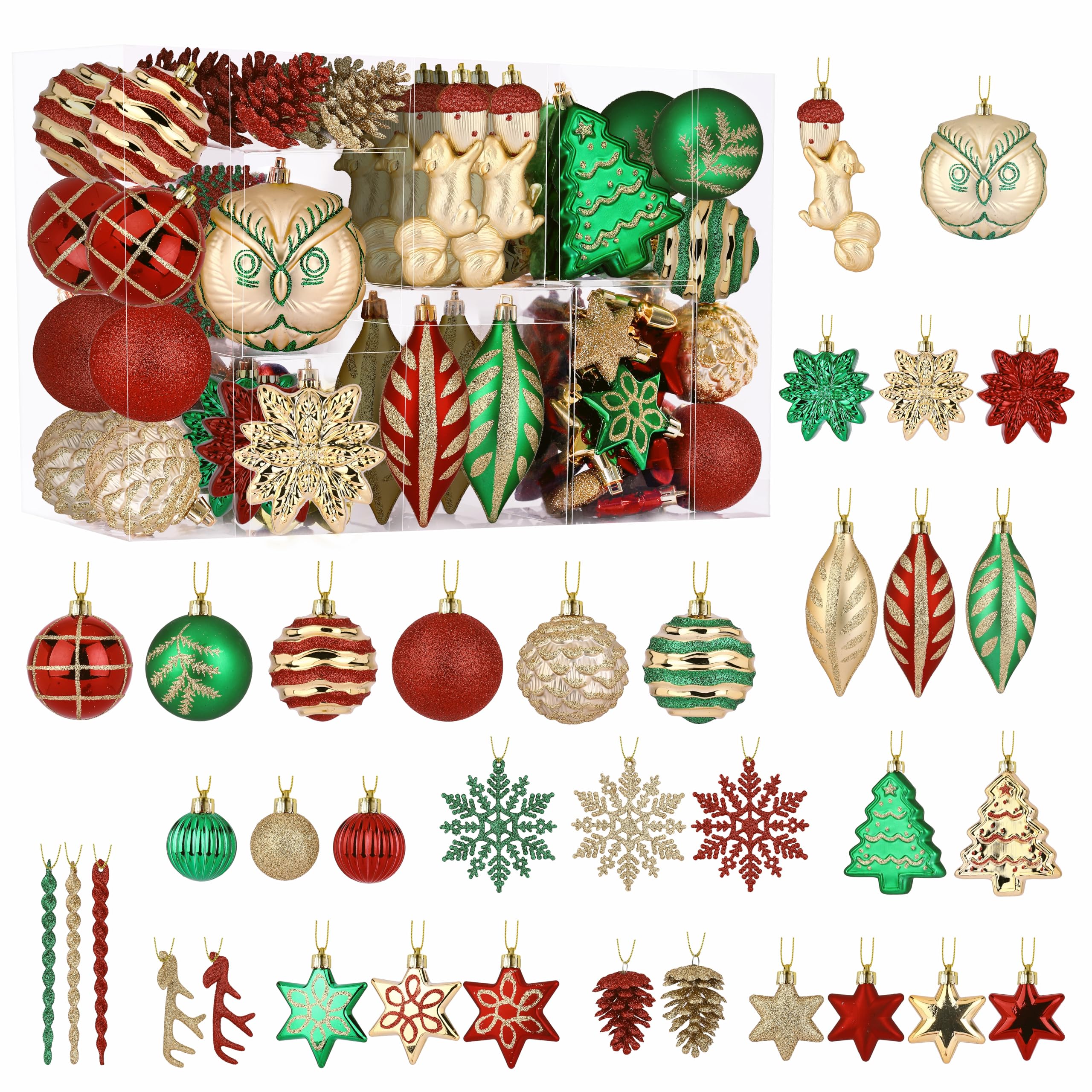 Alupssuc 96pcs Christmas Tree Ornaments Set, Plastic Shatterproof Hanging Baubles for Xmas Tree Decor, Holiday Balls Decorations with a Forest Theme and Animal Designs in Red Green & Gold