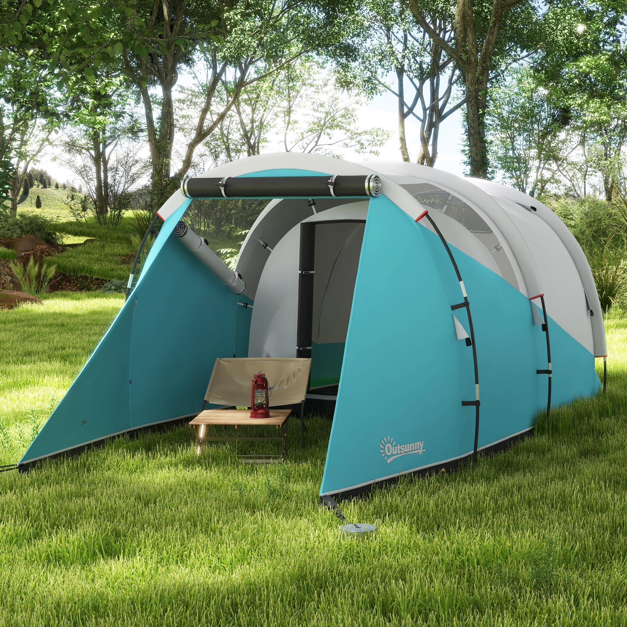 Outsunny Tente de Camping familiale 4-5 Personnes, Tente Tunnel imperméable, 2 Portes + fenêtres, ventilée, Facile à Monter, 4,6 x 2,6 x 1,9 m, Bleu