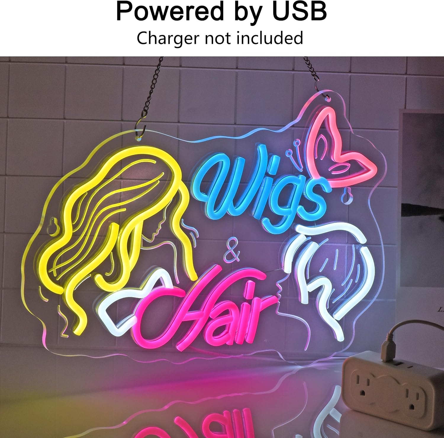 Wigs&Hair Neon Sign, Neon Lights Hanging Wall Art Decoration for Hair Salon Beauty Studio Lash Boutique Shop Home Decor,USB Powered,Ultra Bright & Dimmable,16.14×11.4Inches