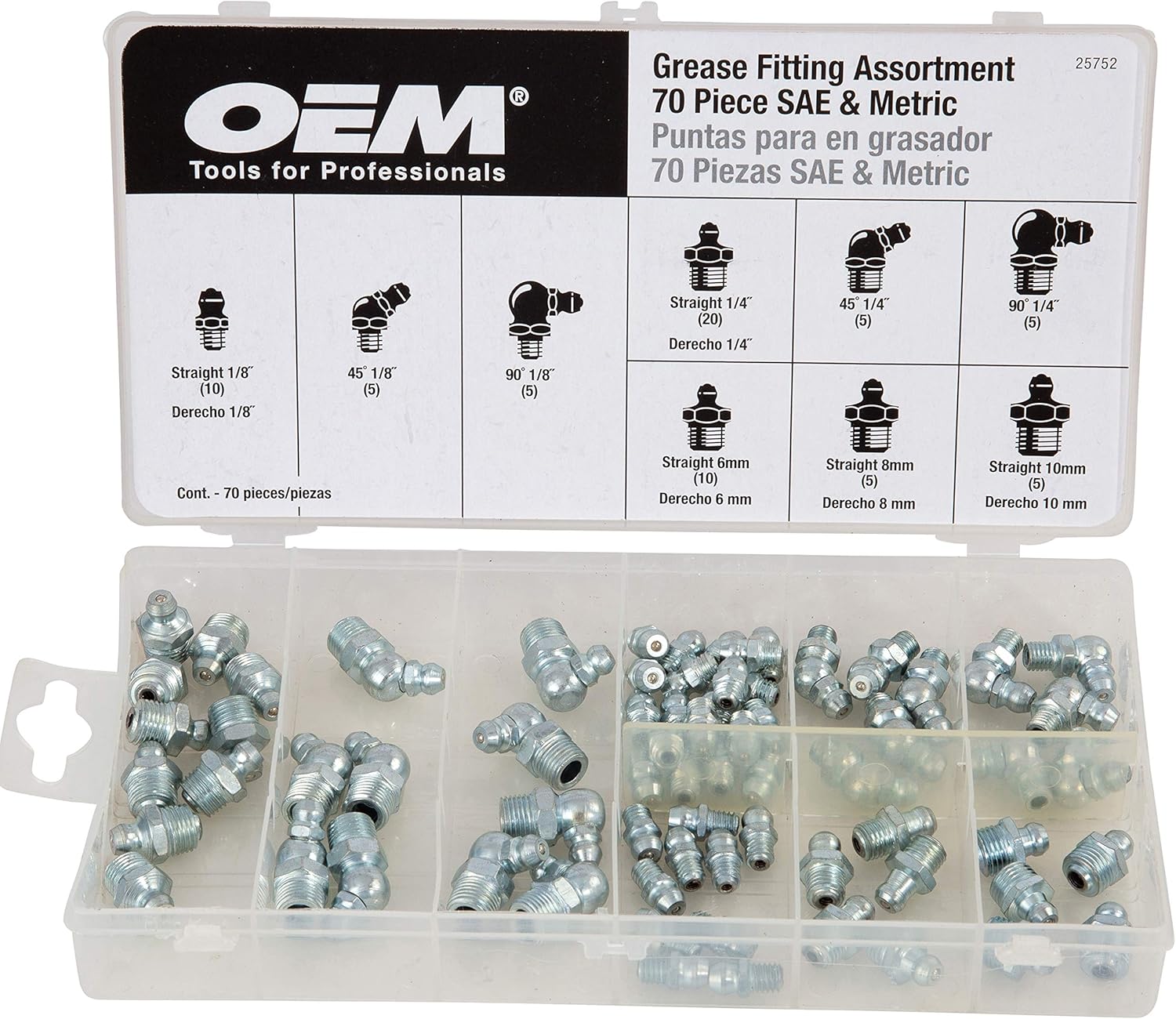OEMTOOLS 25752 SAE and Metric Grease Fitting Assortment Kit, 70-Piece