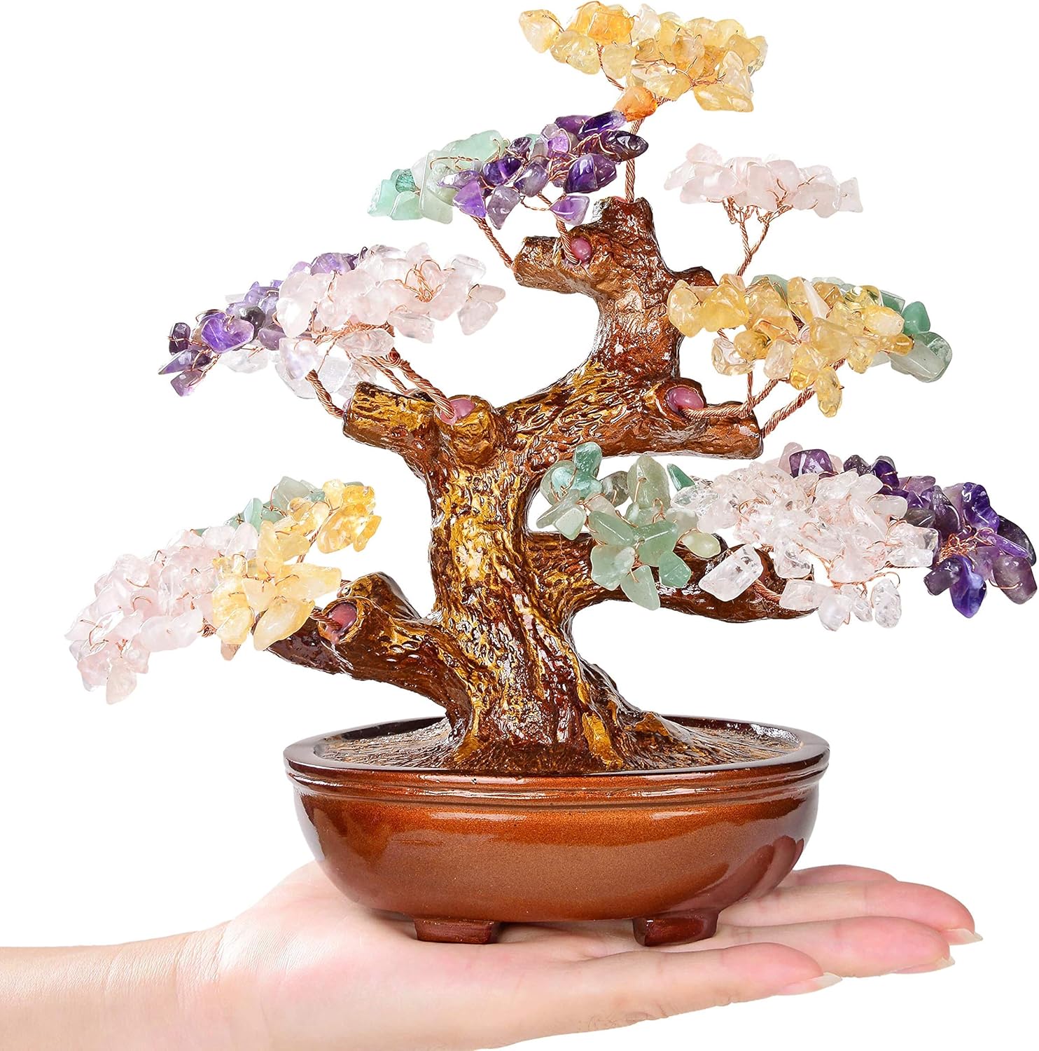 KALIFANO Natural Aventurine (360 Gemstone Count) Chakra Crystal Tree - Bonsai Feng Shui Money Tree for Luck and Intelligence - 8"