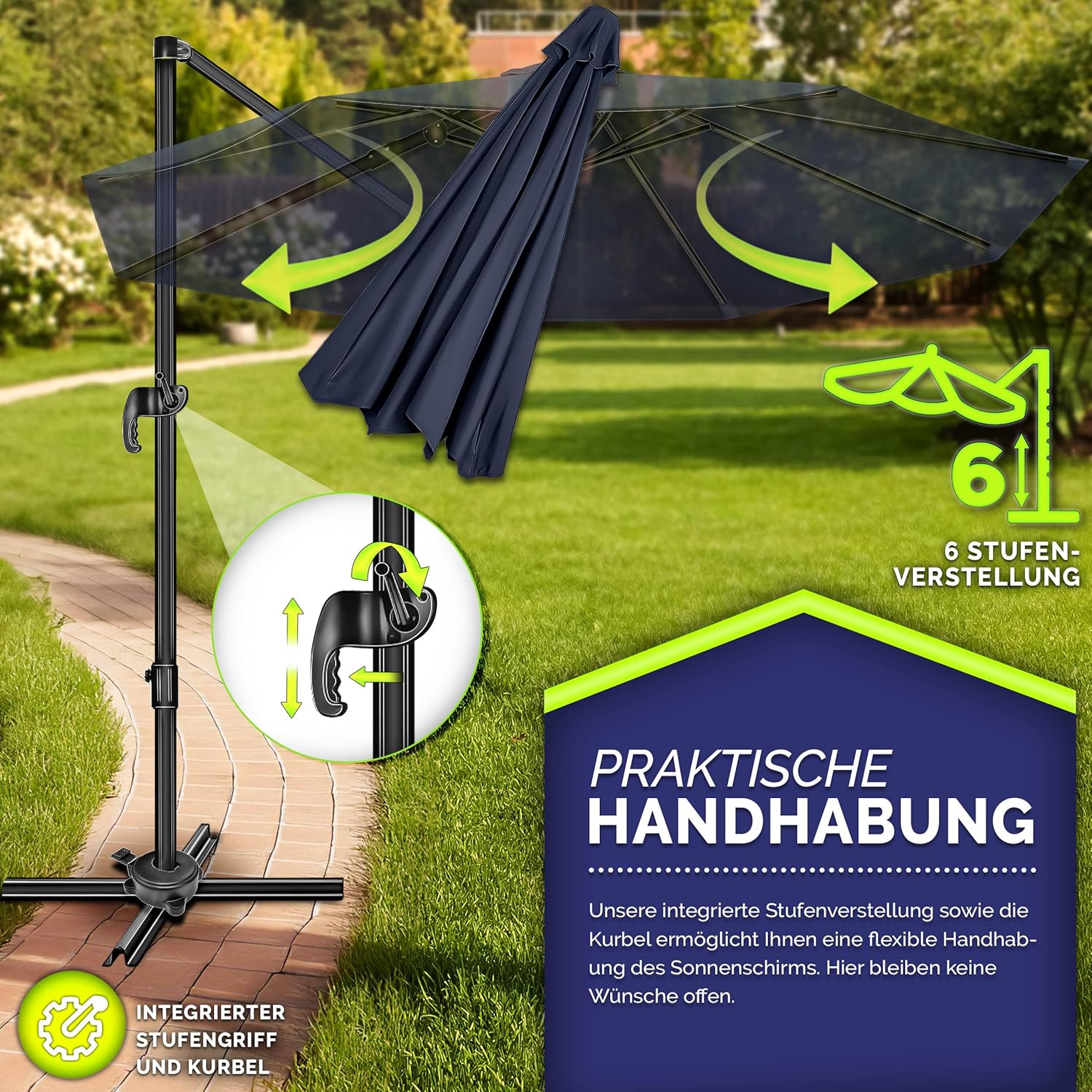 Image showing the 6-position tilt adjustment and crank handle of the tillvex parasol.