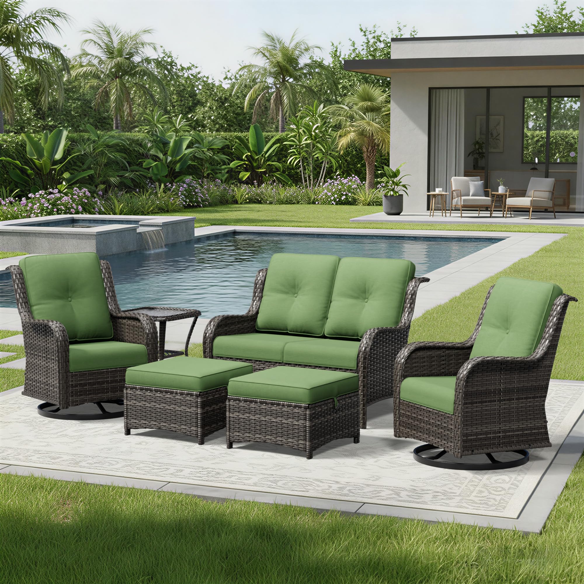 Joyside 6 Piece Wicker Patio Furniture Set, Outdoor Swivel Rocker Patio Chairs with High Back, Deep Seating, Wide Armrest, Thickened Cushions, Outdoor Furniture for Deck, Porch Use