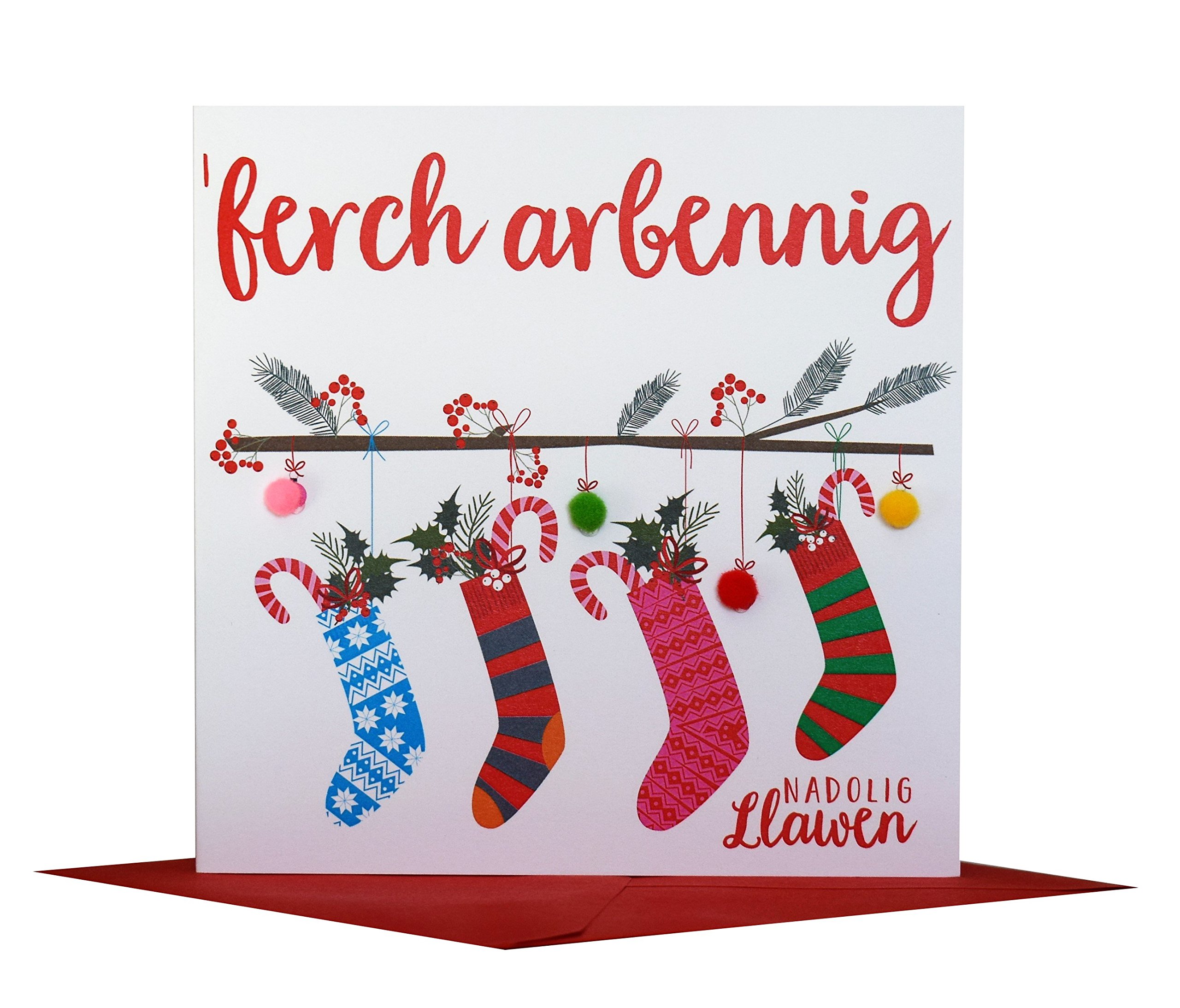Claire Giles Greeting Cards, Welsh Happy Christmas Daughter Card, Nadolig Llawen Ferch, Embellished with Colourful Pompoms