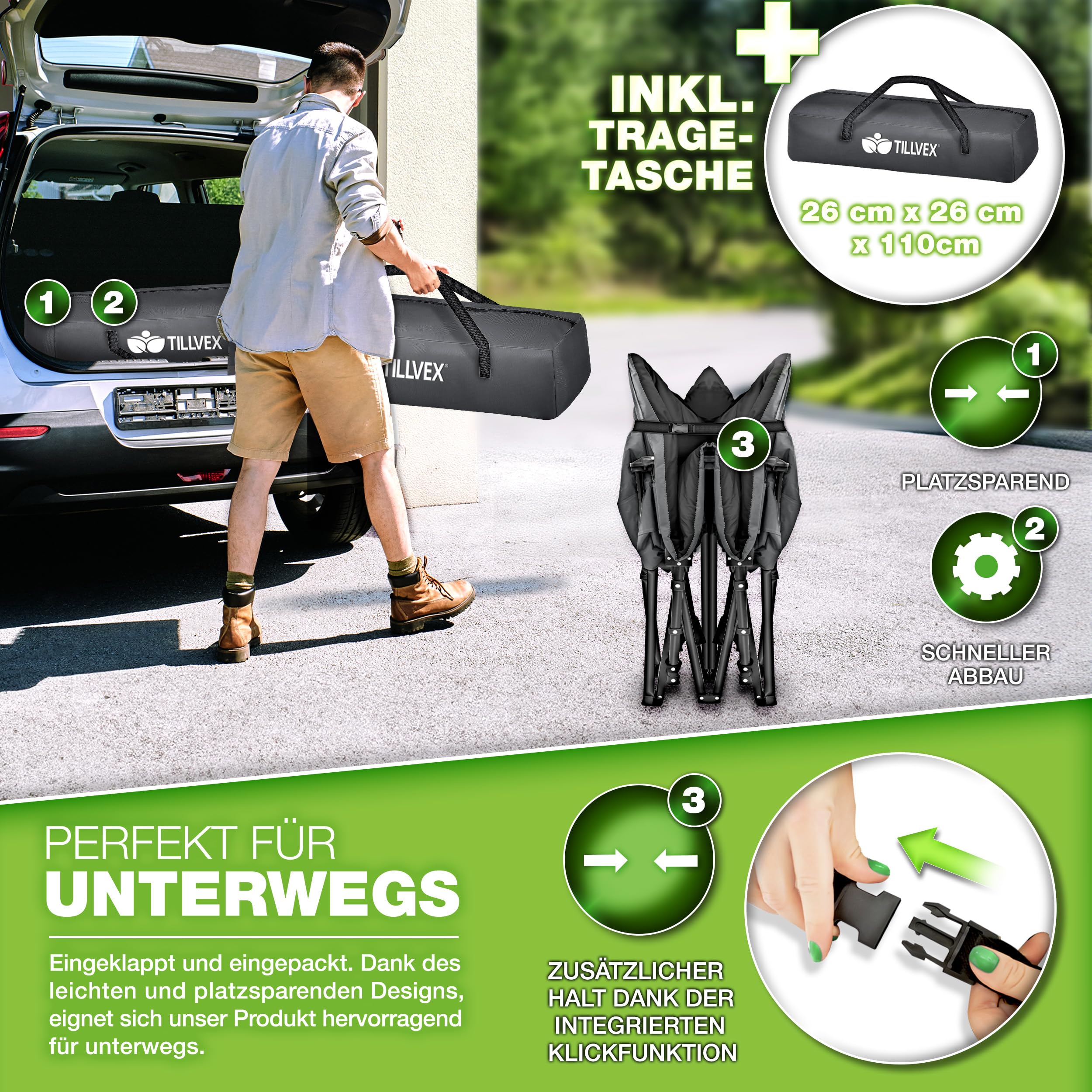 tillvex® Campingbett klappbar mit Tragetasche bis 200 kg | Campingliege extra breit | Feldbett Karpfenliege für Outdoor & Indoor | Klappbett Gästebett faltbar Garten Camping Angeln Festival Reise
