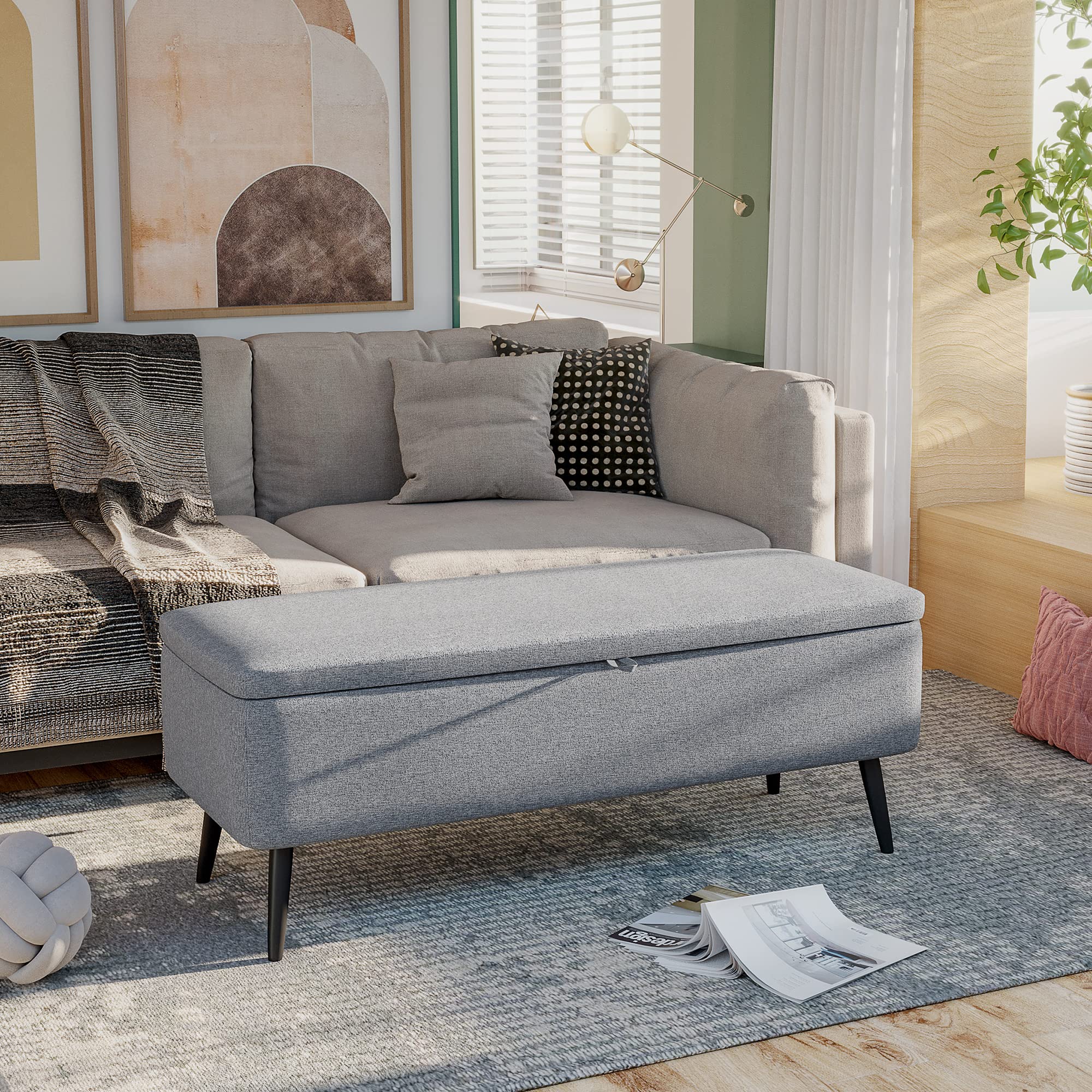 HOMCOM Panca Contenitore Rivestita in Tessuto, Effetto Velluto, Cassapanca con Contenitore Imbottita, per Camera da Letto, Soggiorno e Ingresso, 101x38.5x44.5 cm, Grigio