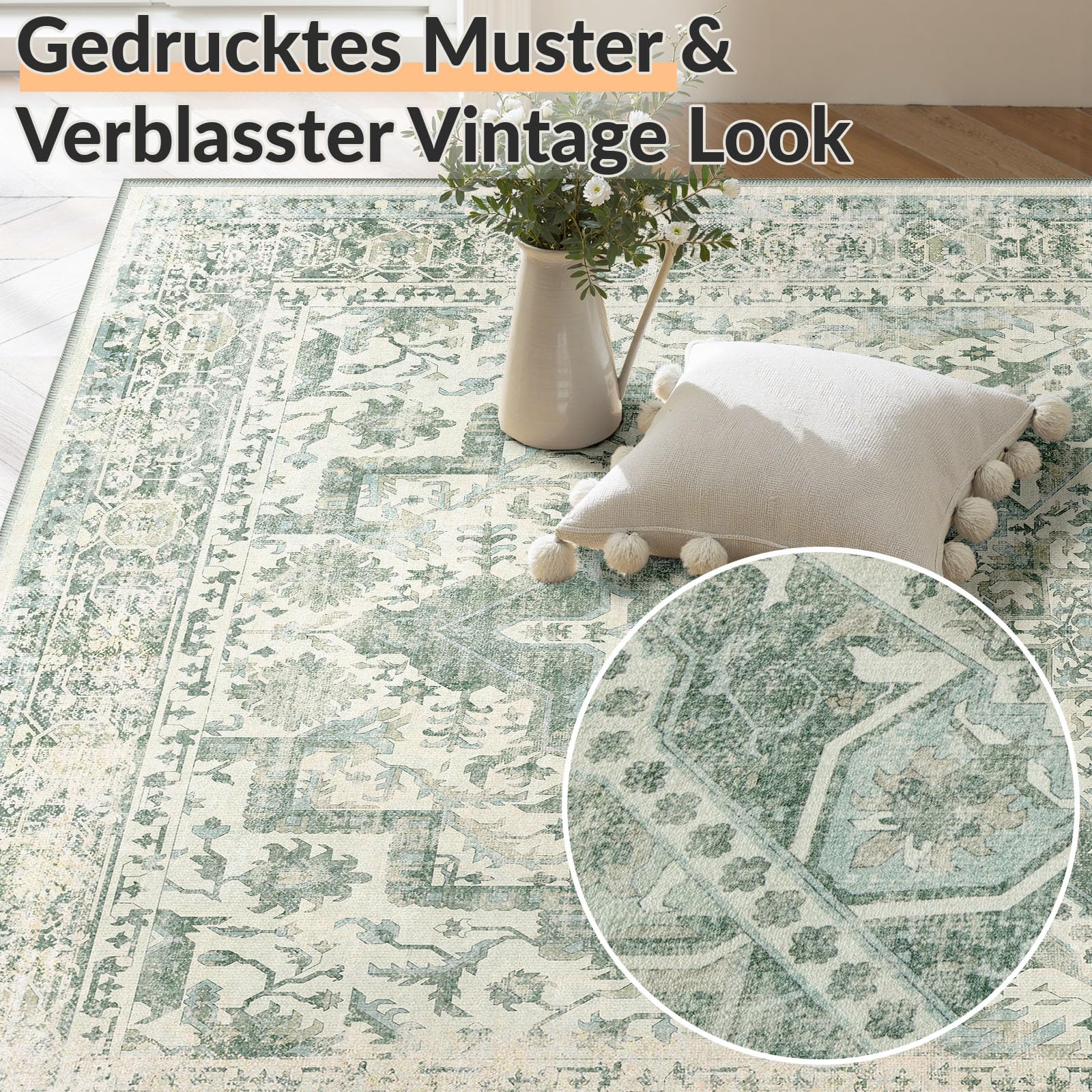INOVADAY Waschbarer Teppich Wohnzimmer 120x170 cm Vintage Grün | Teppich Schlafzimmer, Teppich Waschbar, Esszimmer, Küche, Boho, Kurzflor, Rutschfest, Weiche, OEKO, Staubsauger, Gefaltet