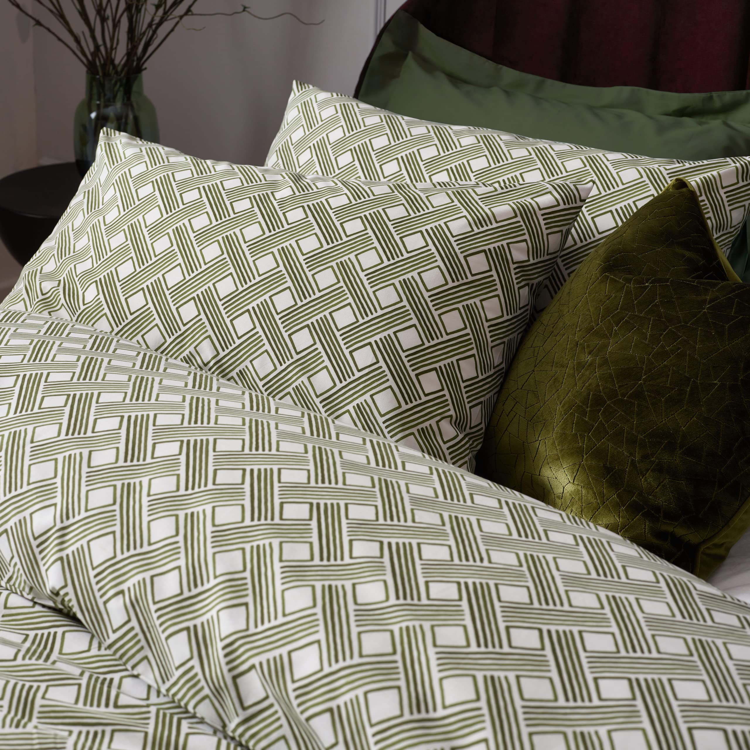 furn. Hoem Alexa Duvet Cover Set - Earthy Geometric Cotton Rich Easy Care Bedding (Olive - King) - Image 2
