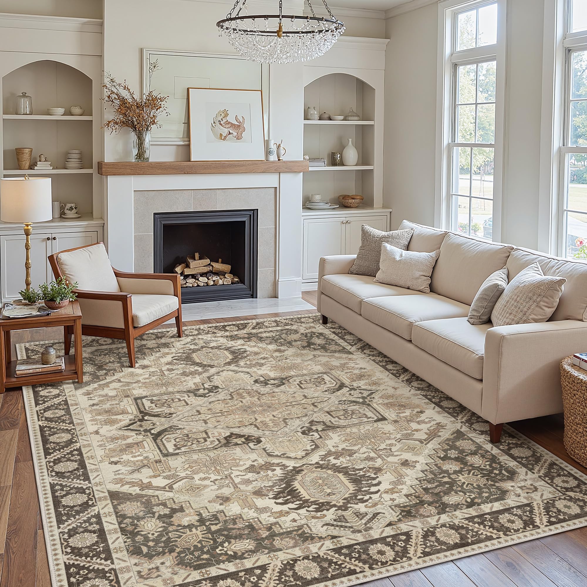 8x10 Area Rug Machine Washable Boho Rug for Living Room,Ultra-Thin Low Pile Carpet,Lightweight Indoor Printed Rug,Non Slip Floral Area Rug for Bedroom