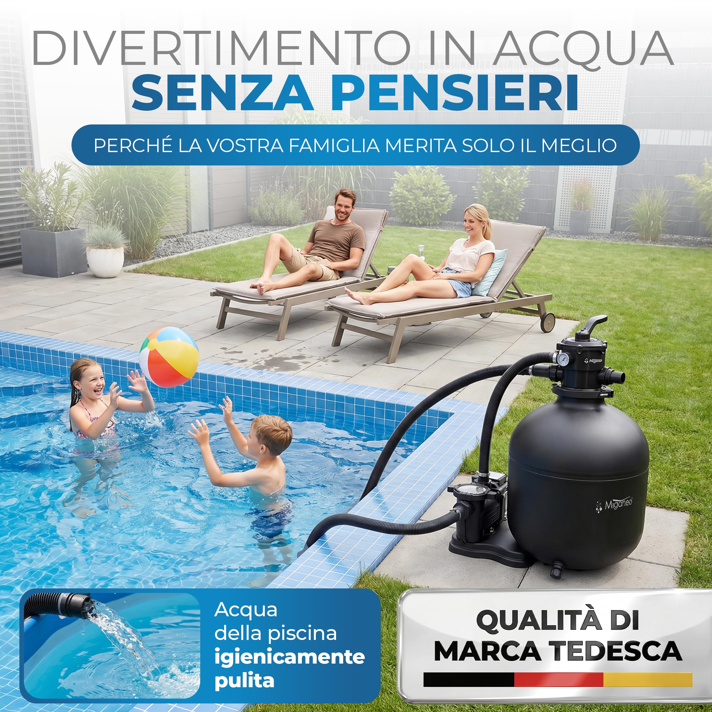 Miganeo Sistema di filtraggio a sabbia Dynamic 12000 Eco Pro, nero, 11.000 l/h, caldaia da 485 mm, autoaspirante