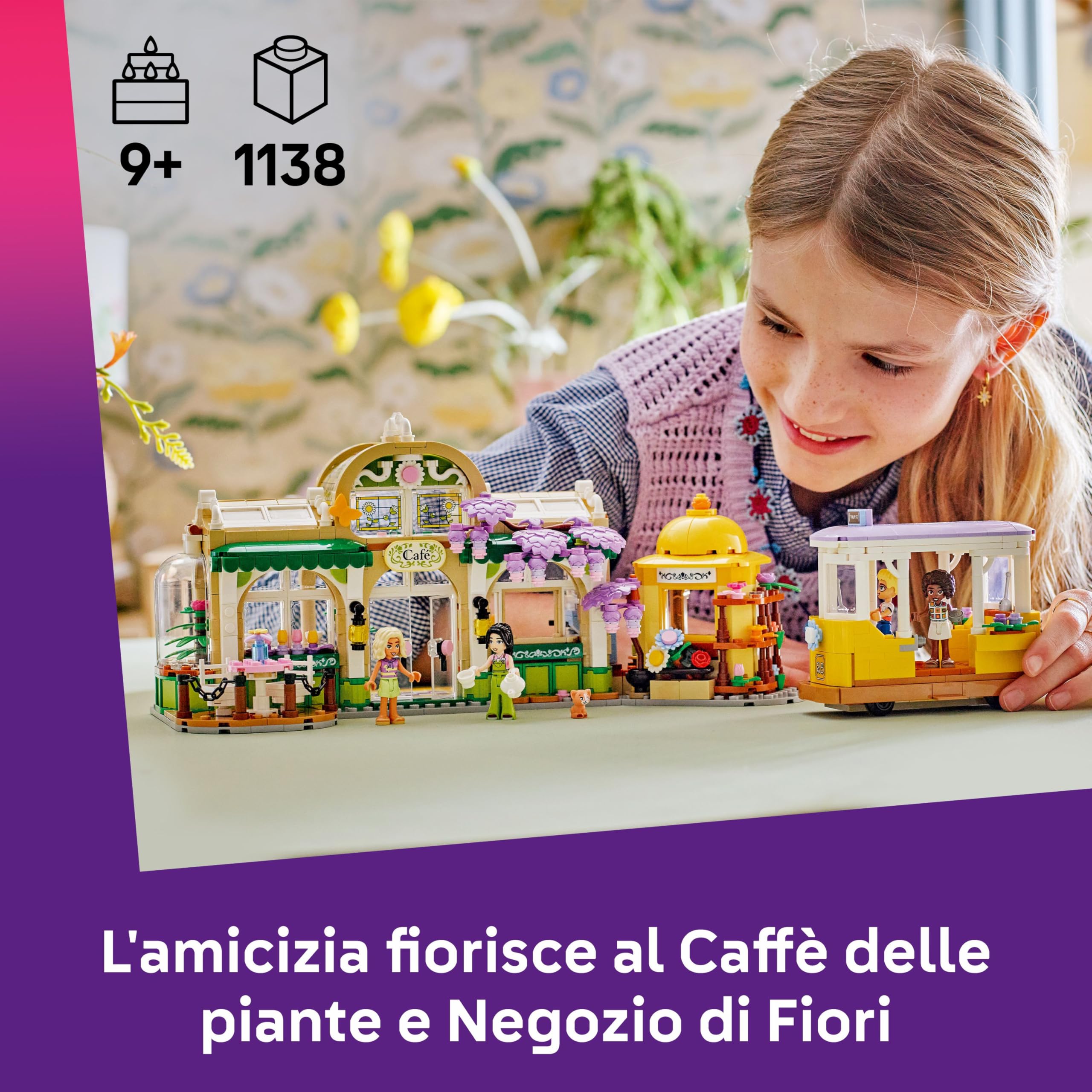 LEGO Friends Caffè delle Piante e Negozio di Fiori - Giocattolo con 4 Mini Bamboline, Gatto Domestico, Tram, Accessori da Cucina come Pasticcini, Tazze e Teiera - Regalo per Bambine da 9 Anni - 42671