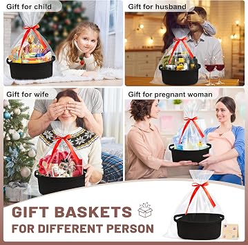 Bufims Small Woven Black Gifts Basket for Storage Empty with Ribbons and Bags Durable Cute Gifts 12X 8 X 5 Small Rope Basket for Gifting