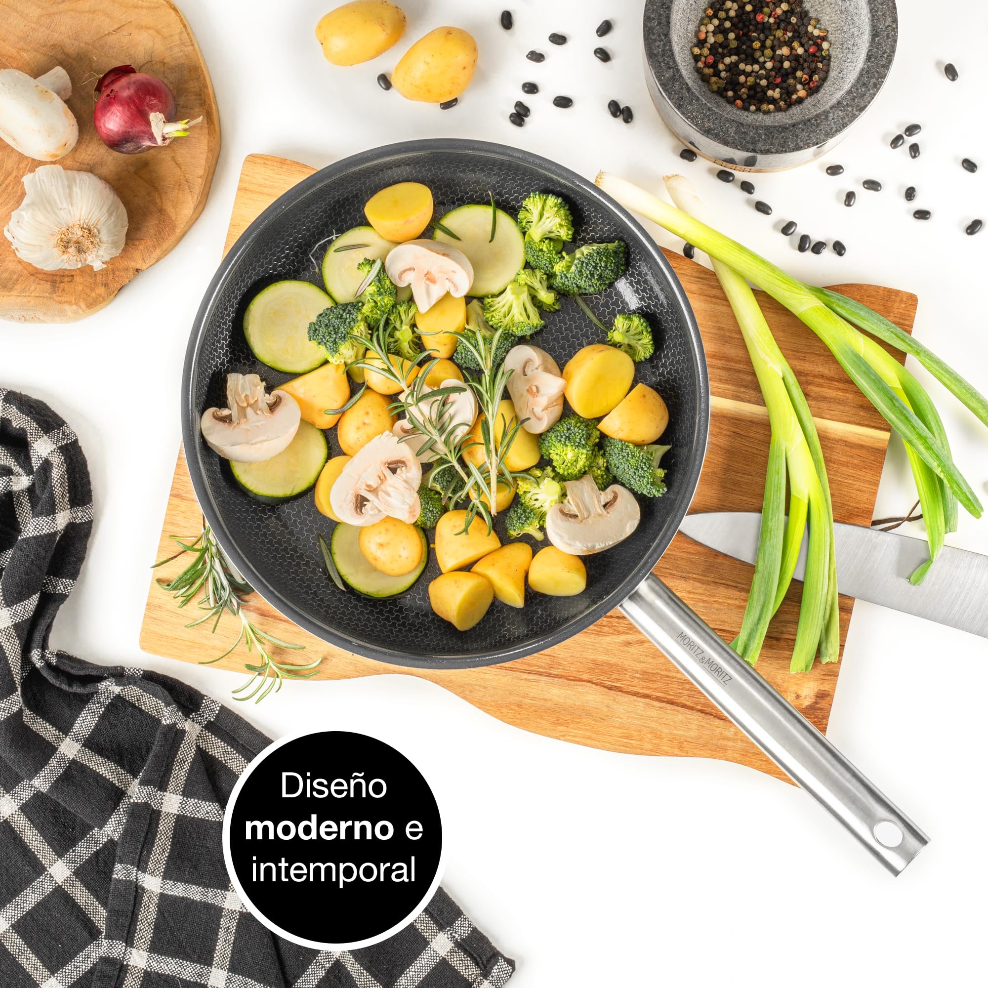 Moritz & Moritz Sartenes Antiadherentes Inducción 28cm de Acero Inoxidable Revestimiento Cerámico - Apta para todo Tipo de Placas - Sartenes Induccion Antiadherentes para Cocinar, Freír y Estofar