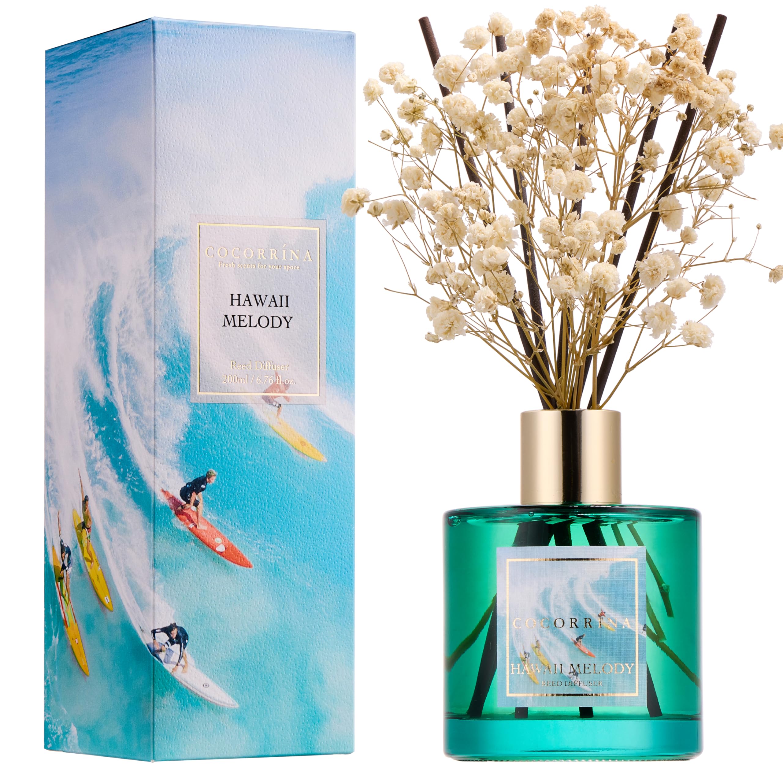 Reed Diffuser - Hawaii Melody 6.7 Fl.oz Reed Diffuser Set with 8 Sticks & Preserved Baby's Breath, Reed Diffuser for Home Bathroom Shelf Decor Hawaii Melody - Flower 6.7 Ounce/1pack