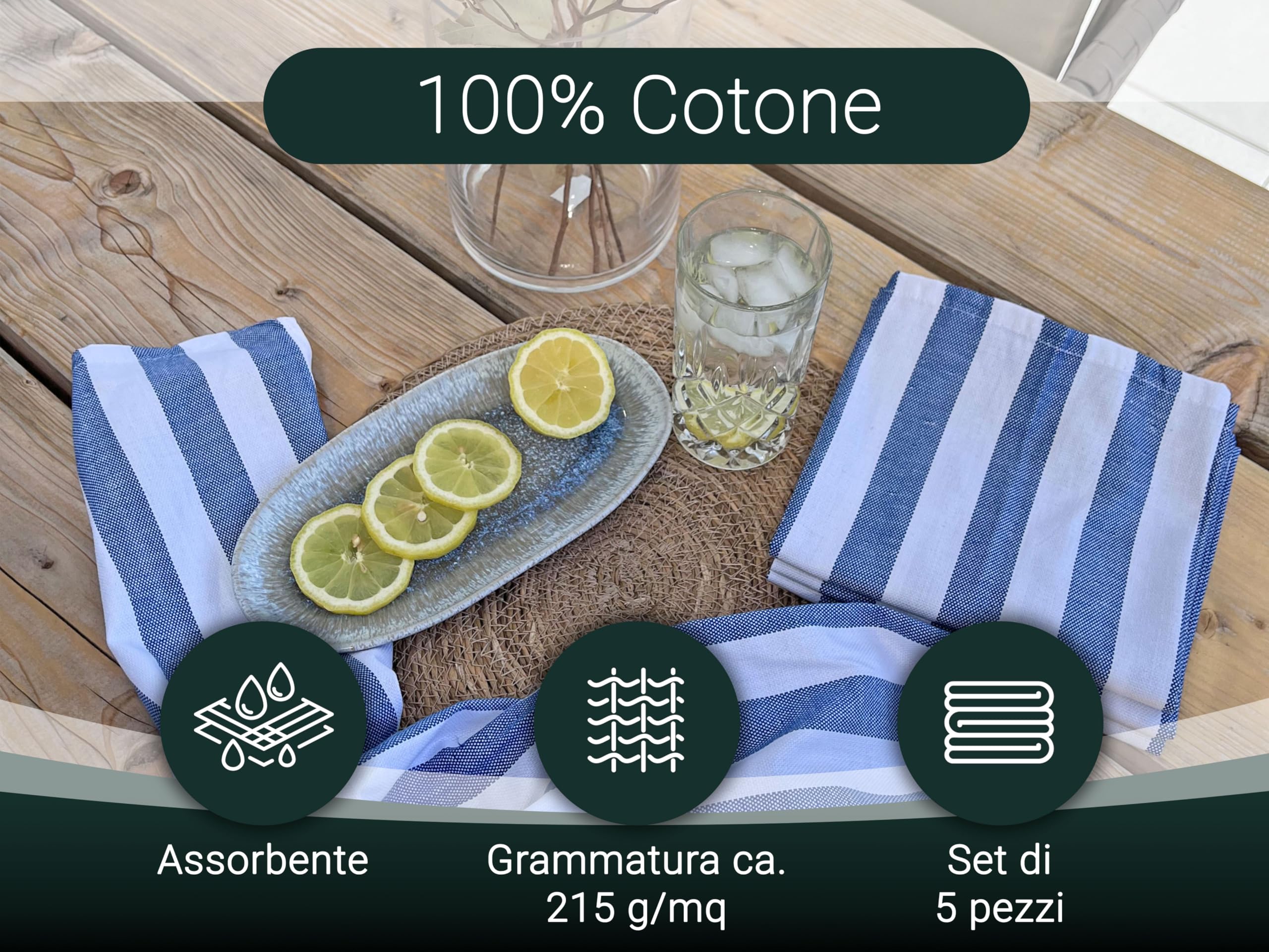 ZOLLNER 5 Strofinacci da cucina 50x70 cm in cotone - canovacci assorbenti e moderni - a righe blu e bianche – lavabili a 60°C – qualità gastronomica – certificato Oeko Tex ®
