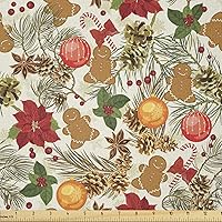 Vista 44 de Ambesonne Tela Navideña por Yarda, Tema Navideño con Hojas de Acebo Corona Bayas Ilustración Impresa, Tela Decorativa para Tapicería y Acentos