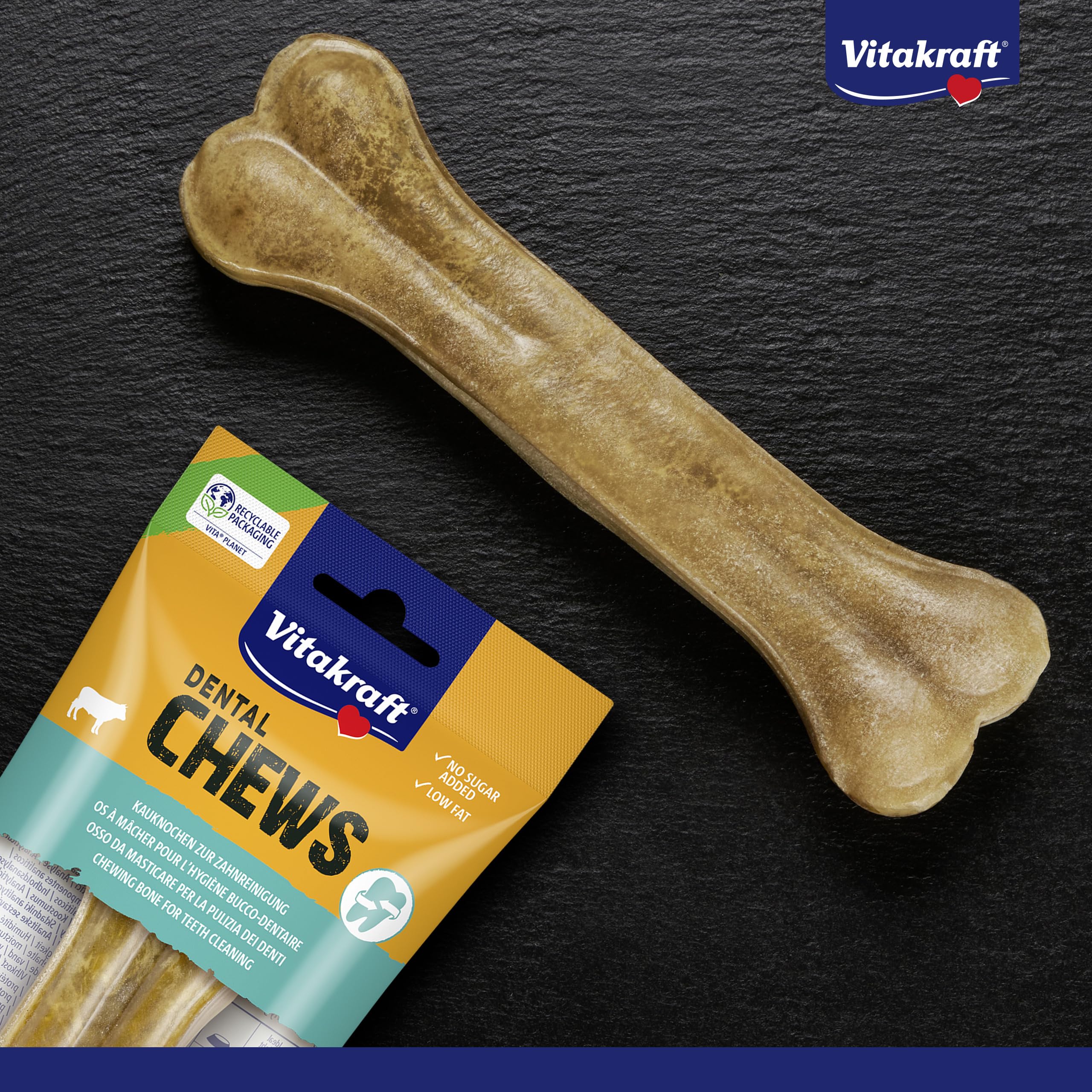 Vitakraft Dental Chews, Hundekauknochen, Kauknochen aus Rinderhaut, zur Zahnreinigung und Mundhygiene, ohne Zusatz von Zucker (8X 160g)