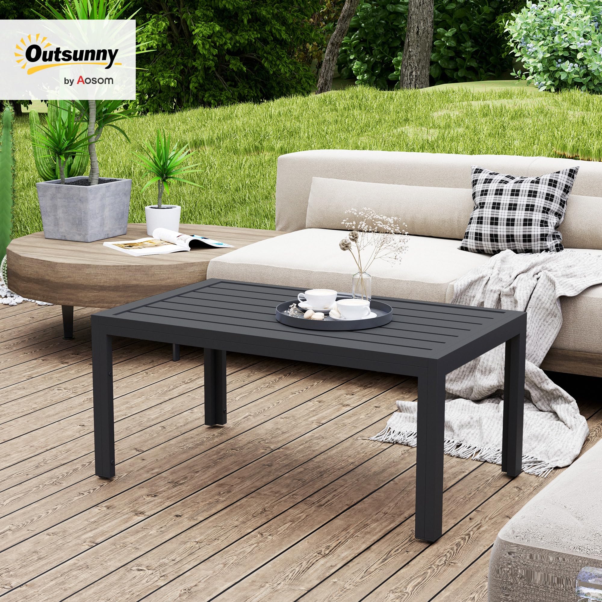 Outsunny Table Basse de Jardin Table d'appoint de Patio rectangulaire avec Cadre en Acier et Plateau à Lattes, pour extérieur, terrasse, Balcon, 101,5 x 61 x 46 cm, Gris