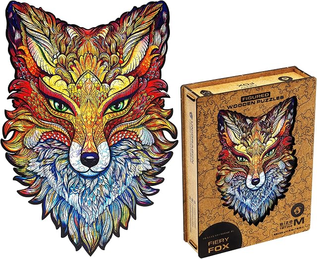 UNIDRAGON Original Wooden Jigsaw Puzzle - Fiery Fox, 197 pcs, Medium 8.6"x12.5", Unique Animal Shaped Puzzle Box, Birthday Gift Idea for Kids, Adults, Girls, Boys, Family Game and Hobby