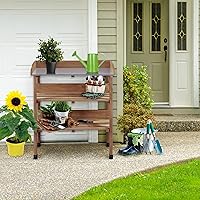 Vista 4 de Yaheetech Mesa de banco para macetas de jardín al aire libre, estación de trabajo de madera para plantar horticultura con mesa de metal/estante