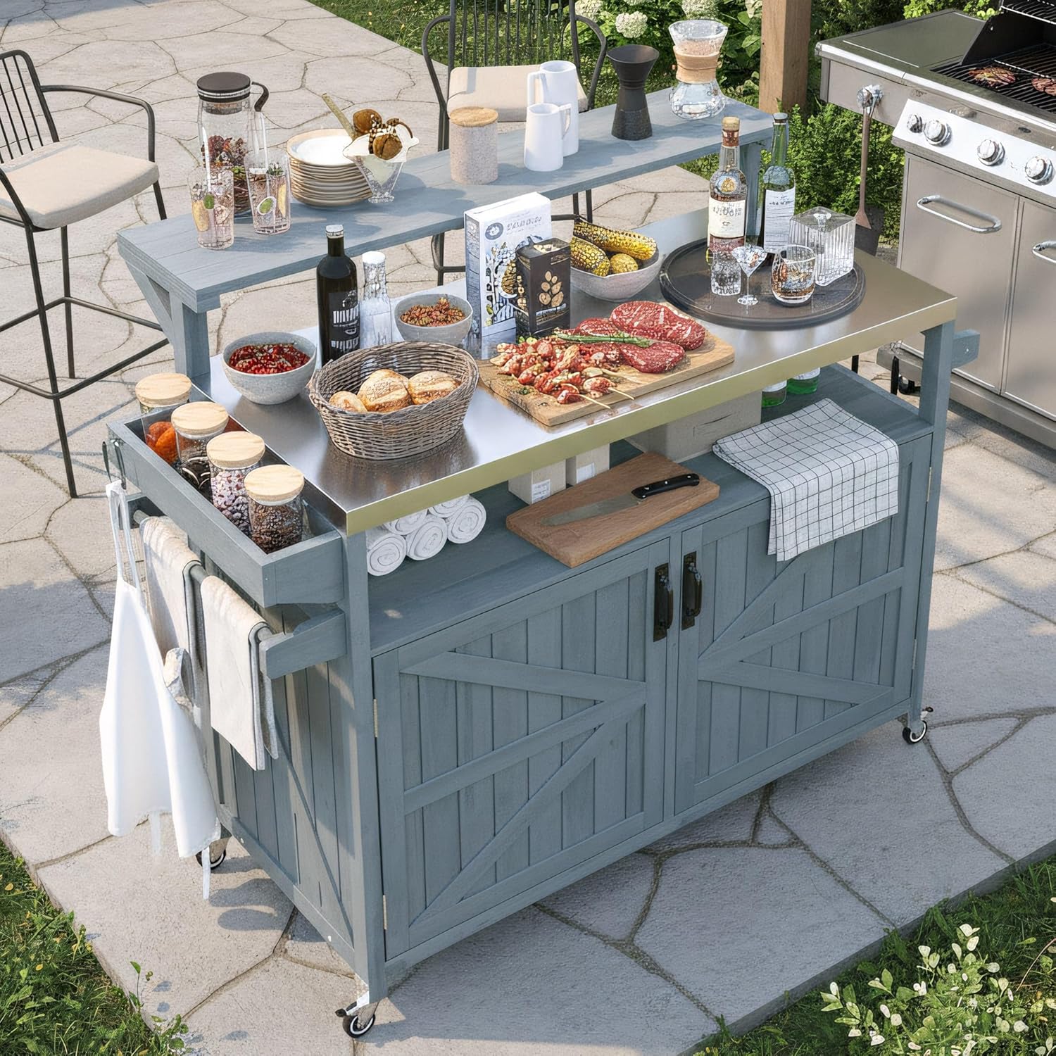 Merax 53.3" Outdoor Kitchen Island with Raised Shelf, Solid Wood Storage Cabinet with Stainless Steel Top, Rolling Grill Cart, Adjustable Shelf, Grey Blue