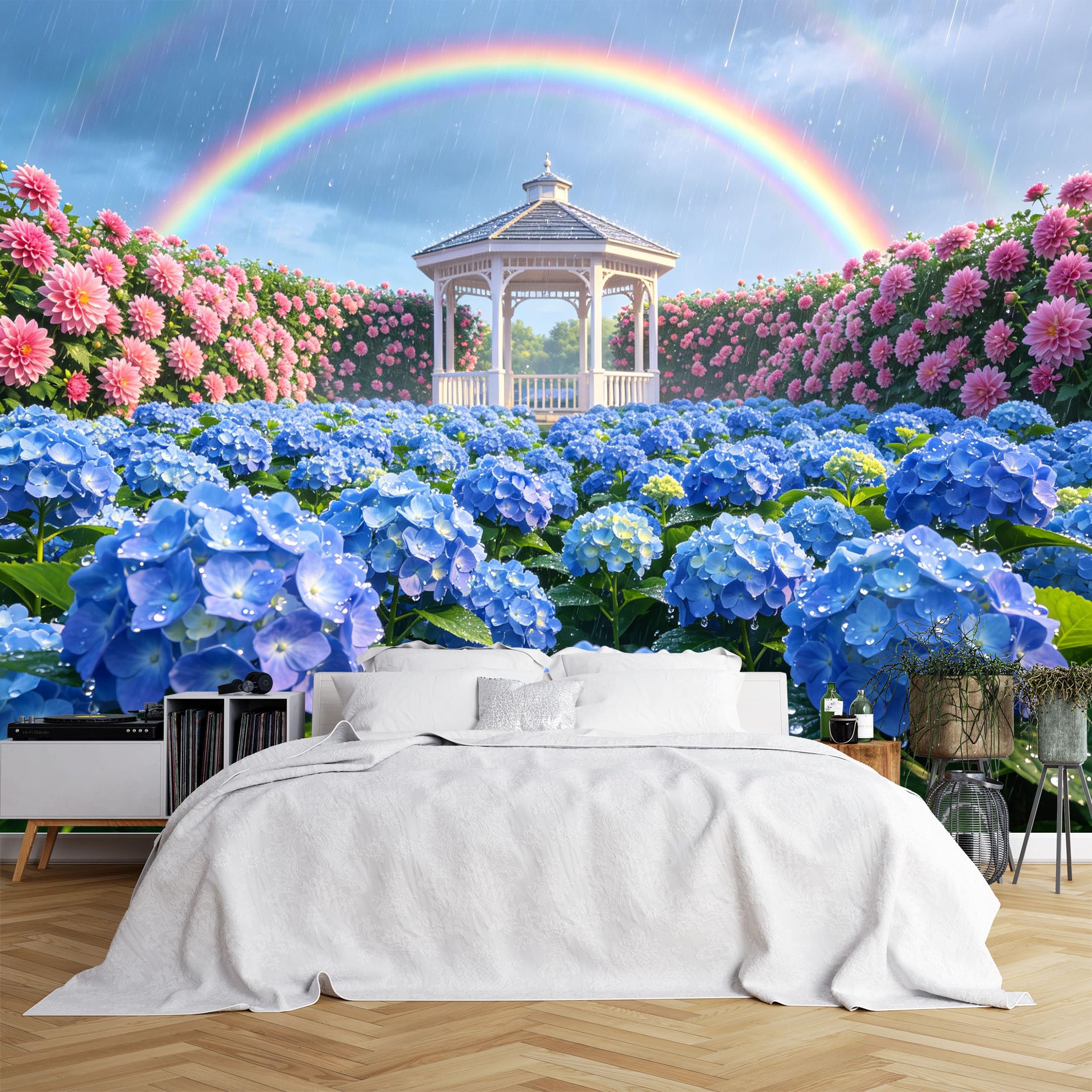 Lcythiazole Ch260615148 Custom Size Wall Murals Hydrangea Garden Pavilion Rainbow Rainy View Wall Murals Floral Wallpaper Full Wall Self-Adhesive Removable Wallpaper For Sunroom Bedroom