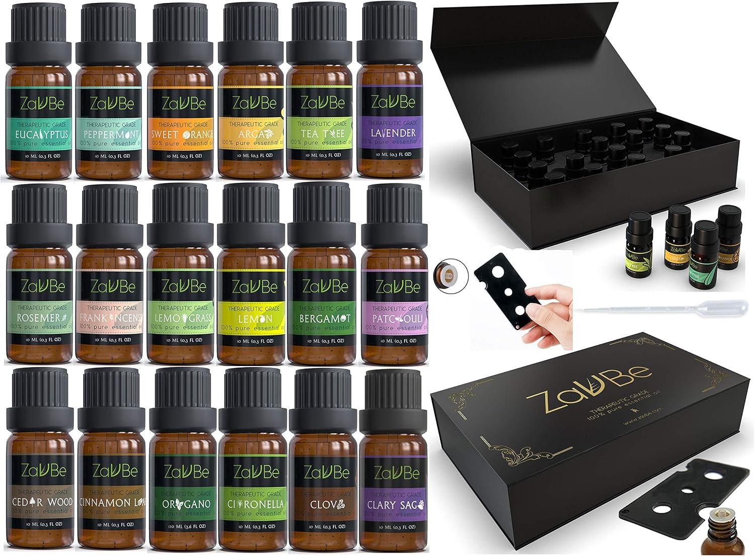 18 Essential Oil Set with 20 Holes Case Natural Therapeutic 100% Diffuser Aromatherapy Grade Lavender Lemon Peppermint TeaTree Argan Frankincense Bergamot Lemon