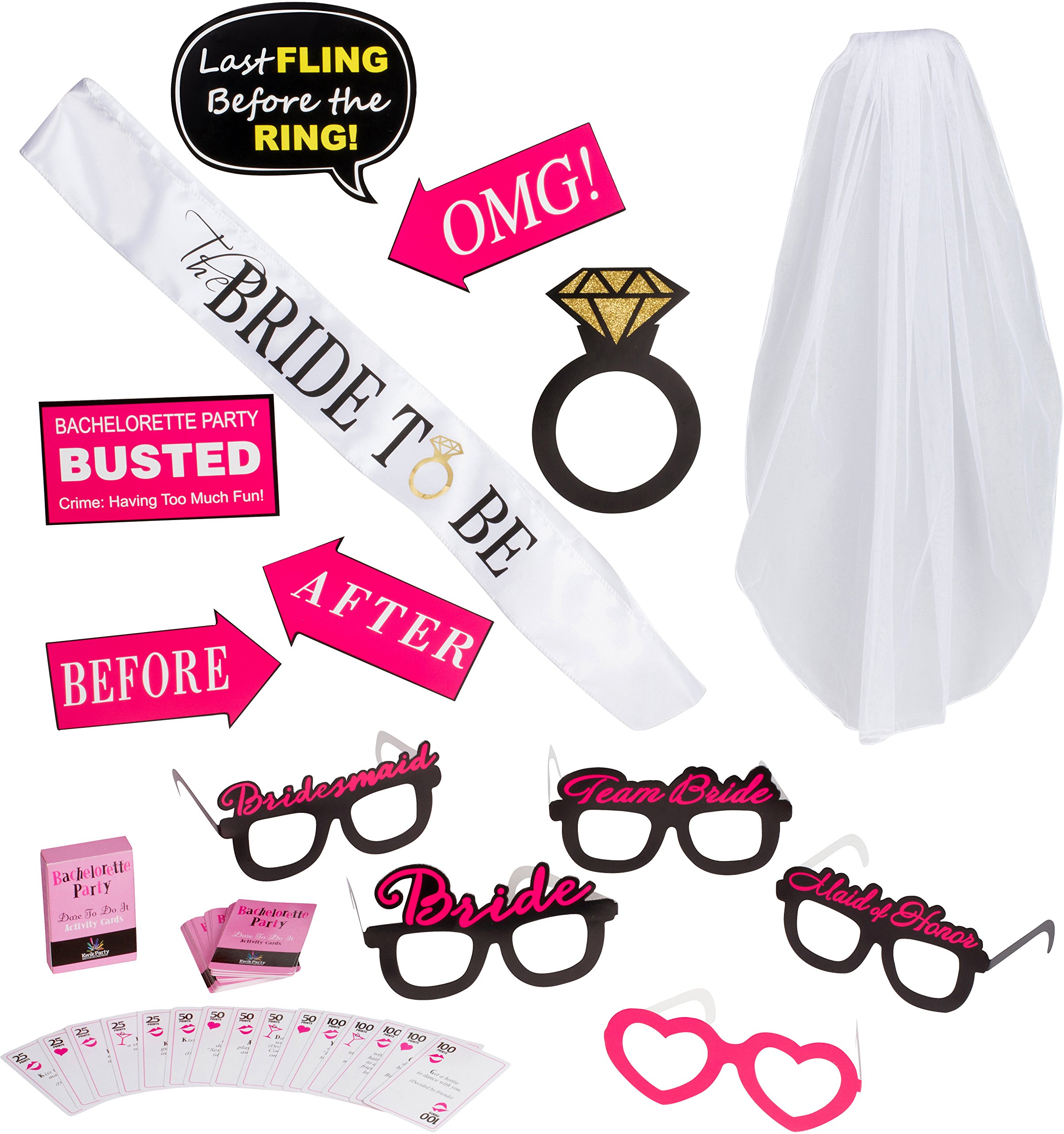 Amazon.com: Bachelorette Party + Games Kit with Bride-to-Be Sash and Veil –  Includes Photo Props and Dare Card Game for Hours of Entertainment and Fun  at Her Last Fling Before the Ring (