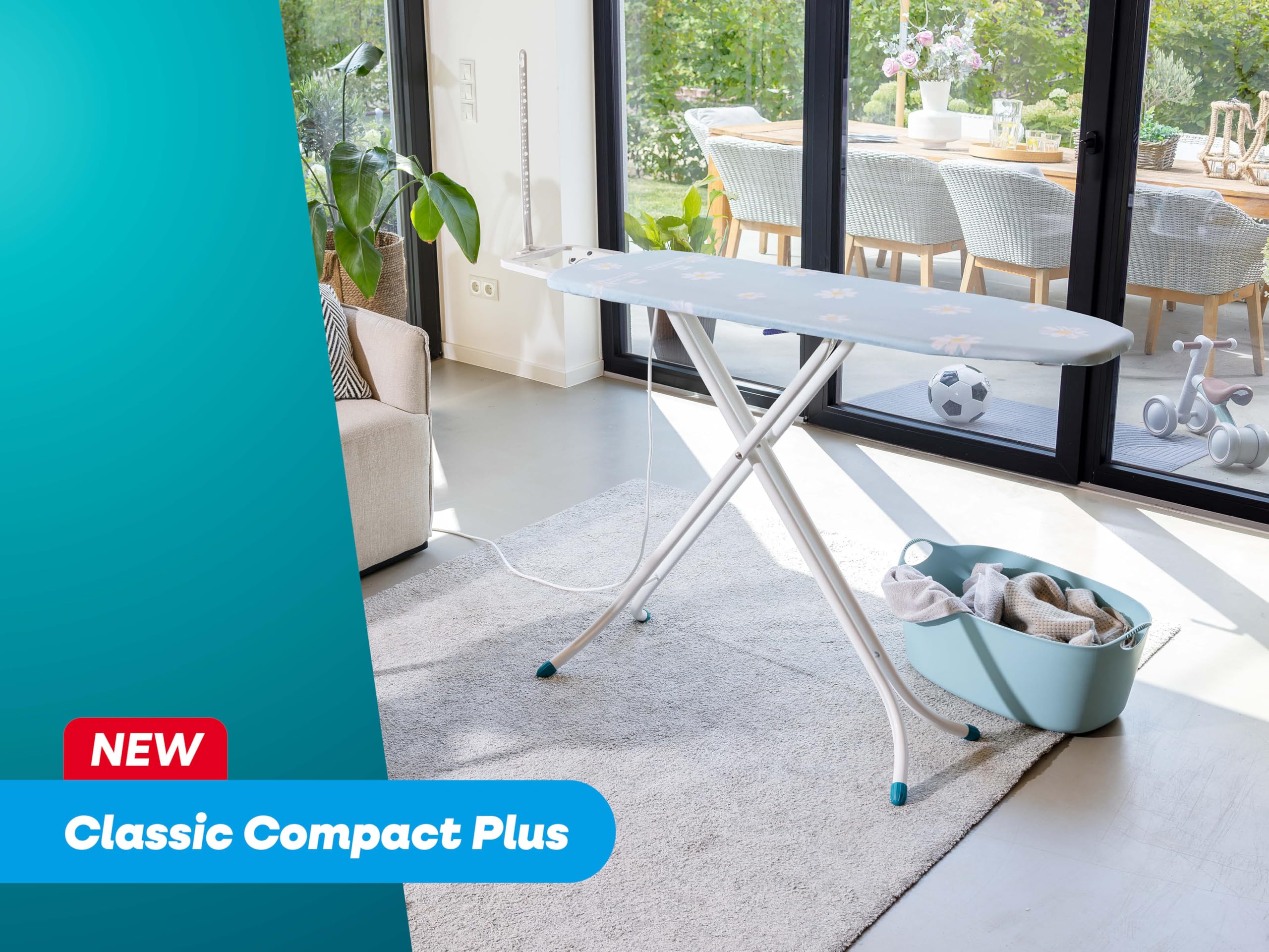 Leifheit Bügelbrett Classic M Compact Plus, Bügeltisch mit Fläche 20 x 38cm | Kompakte Streckmetall-Bügelfläche, stabil und höhenverstellbar 76-96 cm, Kabelhalter, Transportsicherung, weiß/blau/gelb