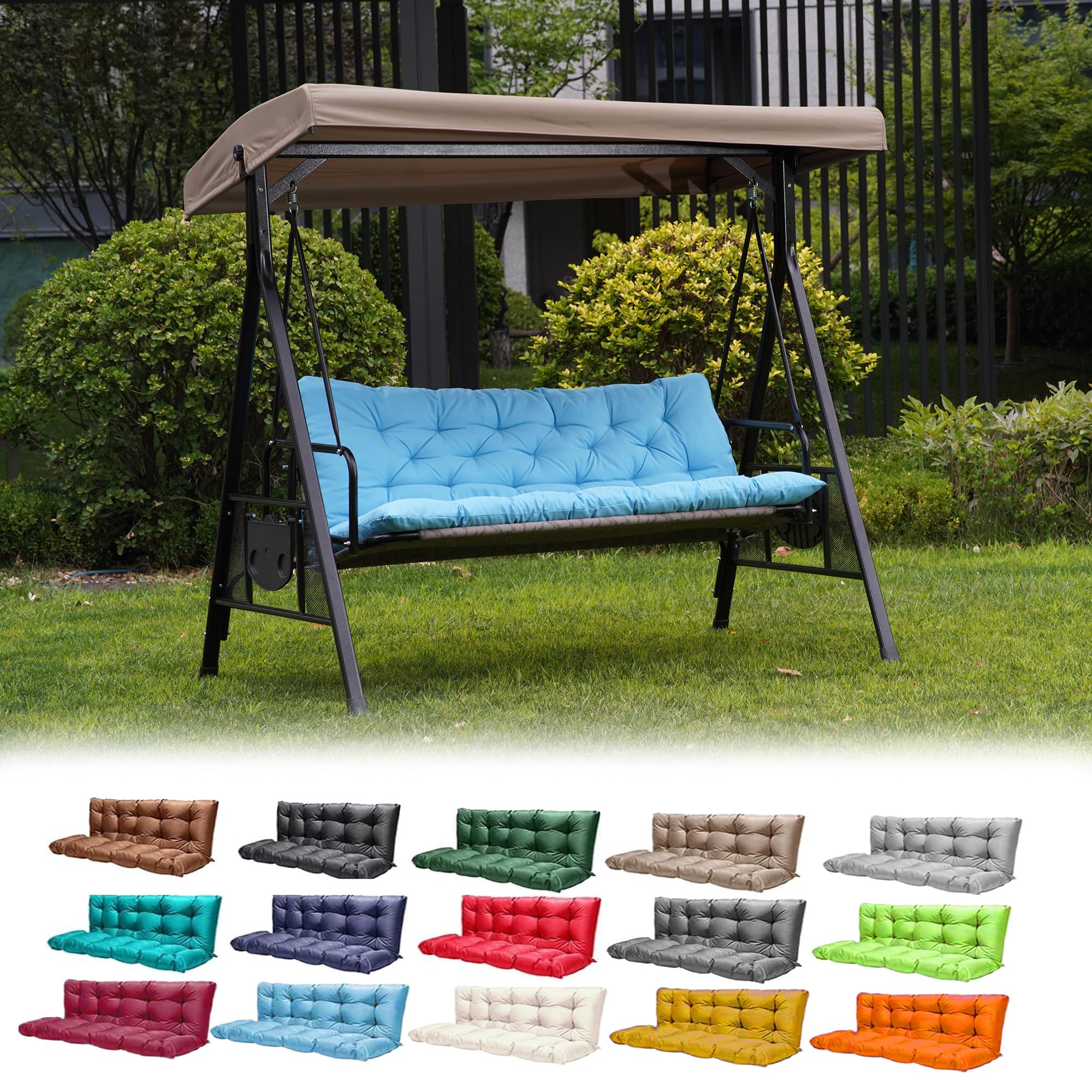 GPQAWER Porch Swing Cushions Outdoor Cushions 3 Seater Replacement with Backrest Waterproof Thickened Bench Cushion with Ties for